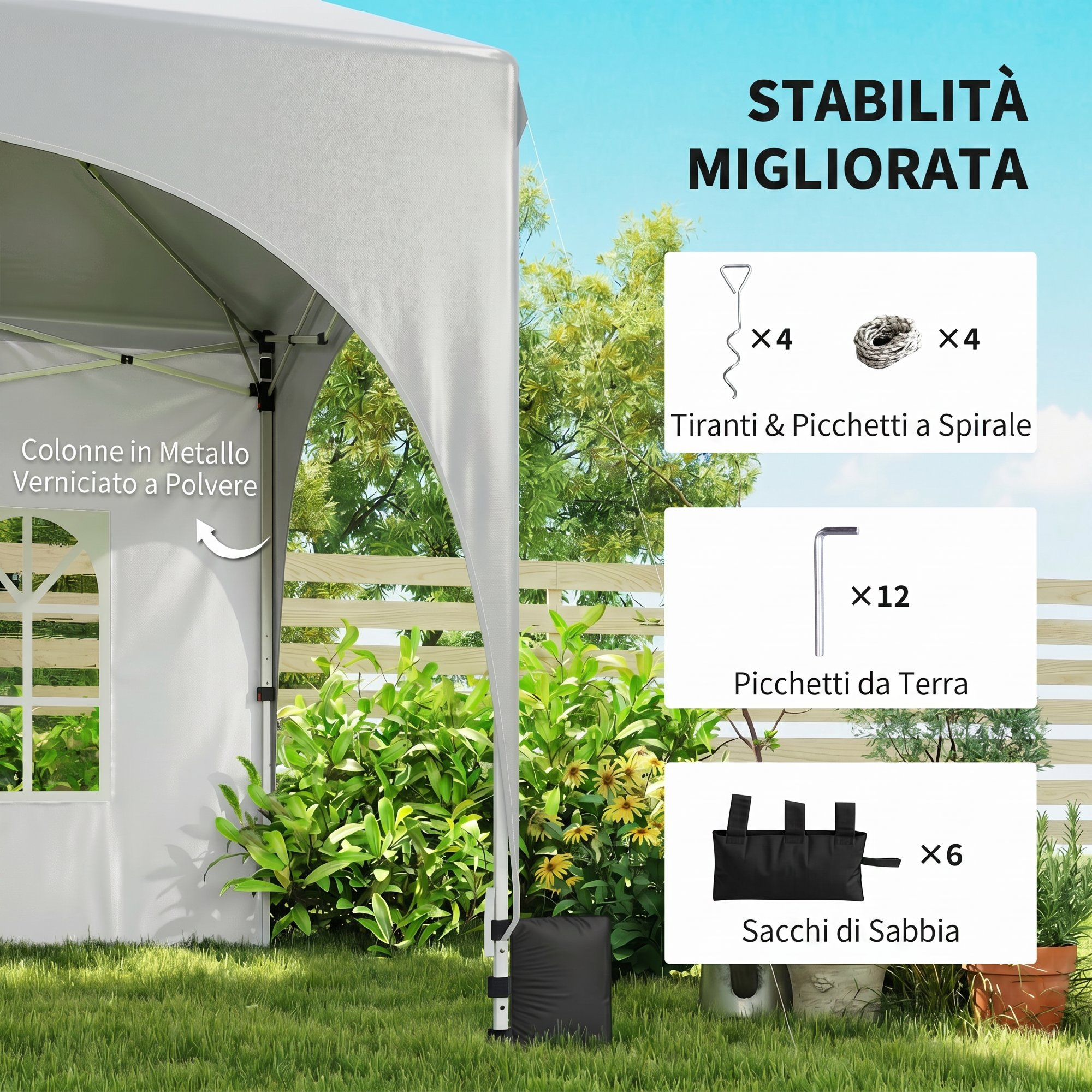 Tenda grigia con gambe in metallo, picchetti, corde e sacchi di sabbia all'aperto.
