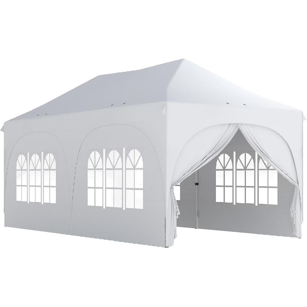 Una tenda bianca per feste con finestre ad arco e ingresso aperto.