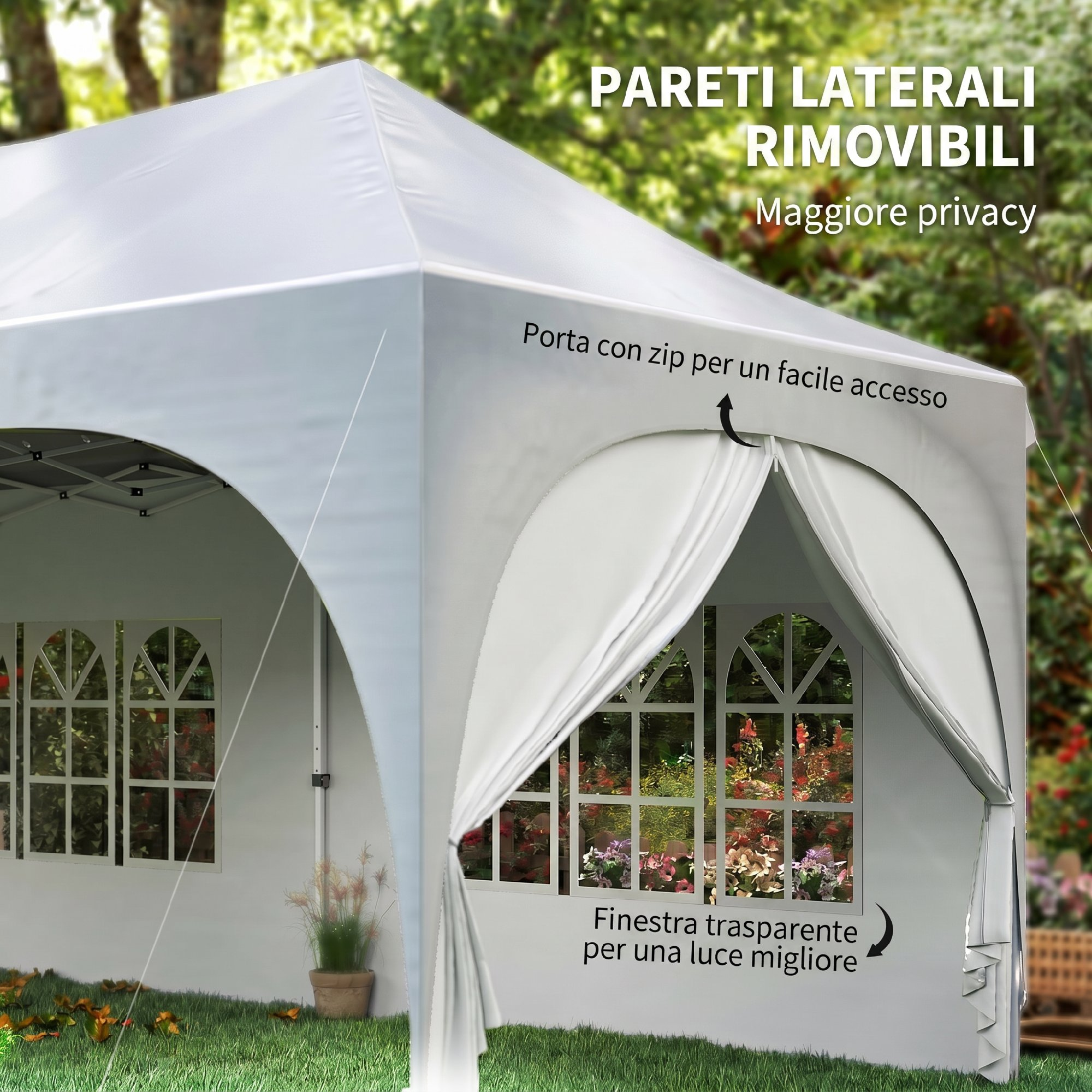 Una tenda bianca con finestre e porta con zip, all'aperto.
