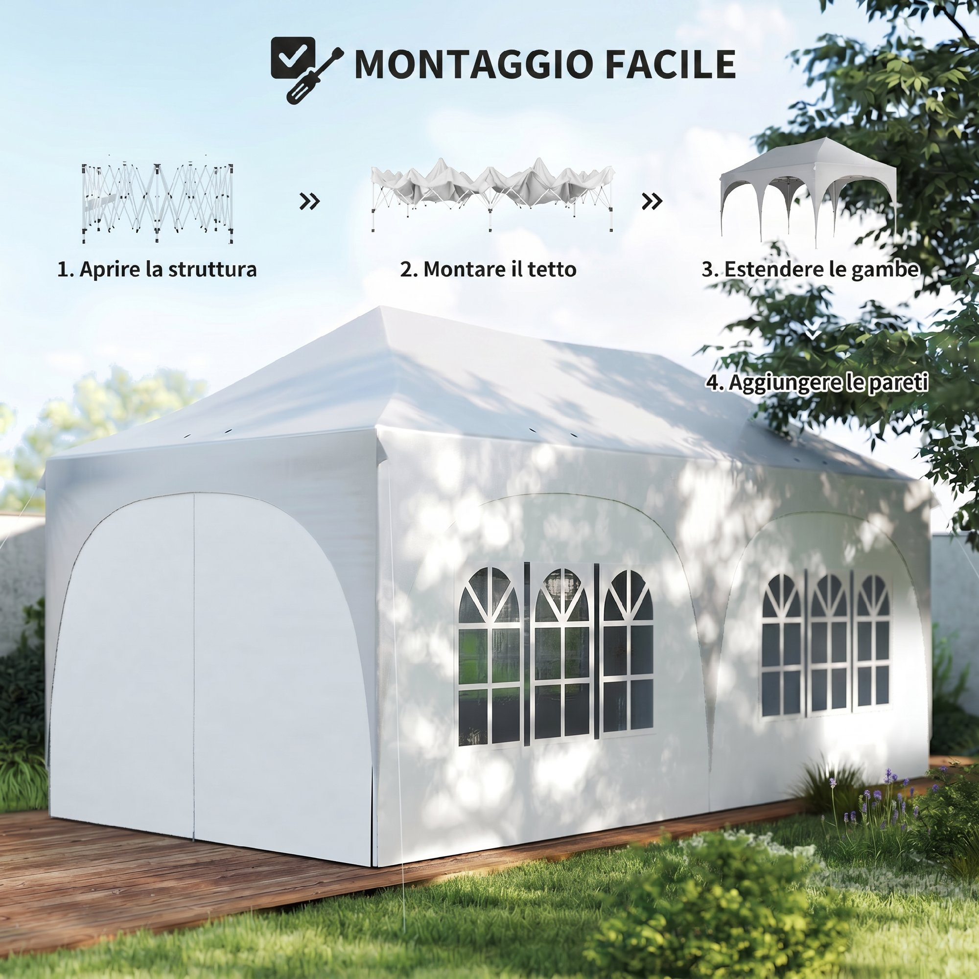 Istruzioni di montaggio di una tenda bianca con finestre, all'aperto su legno ed erba.