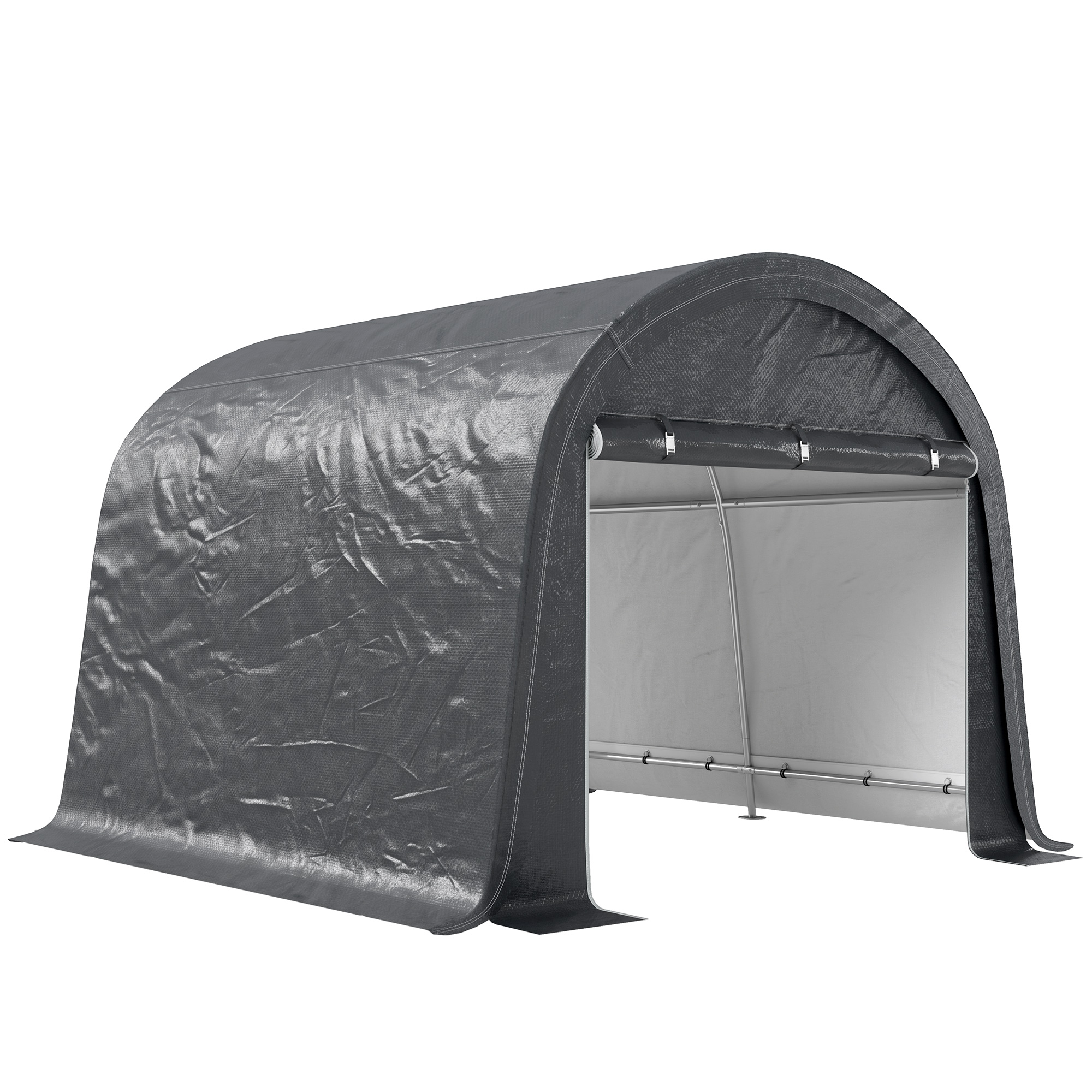 Una tenda a carport arcuata grigia con ingresso aperto e telaio metallico.