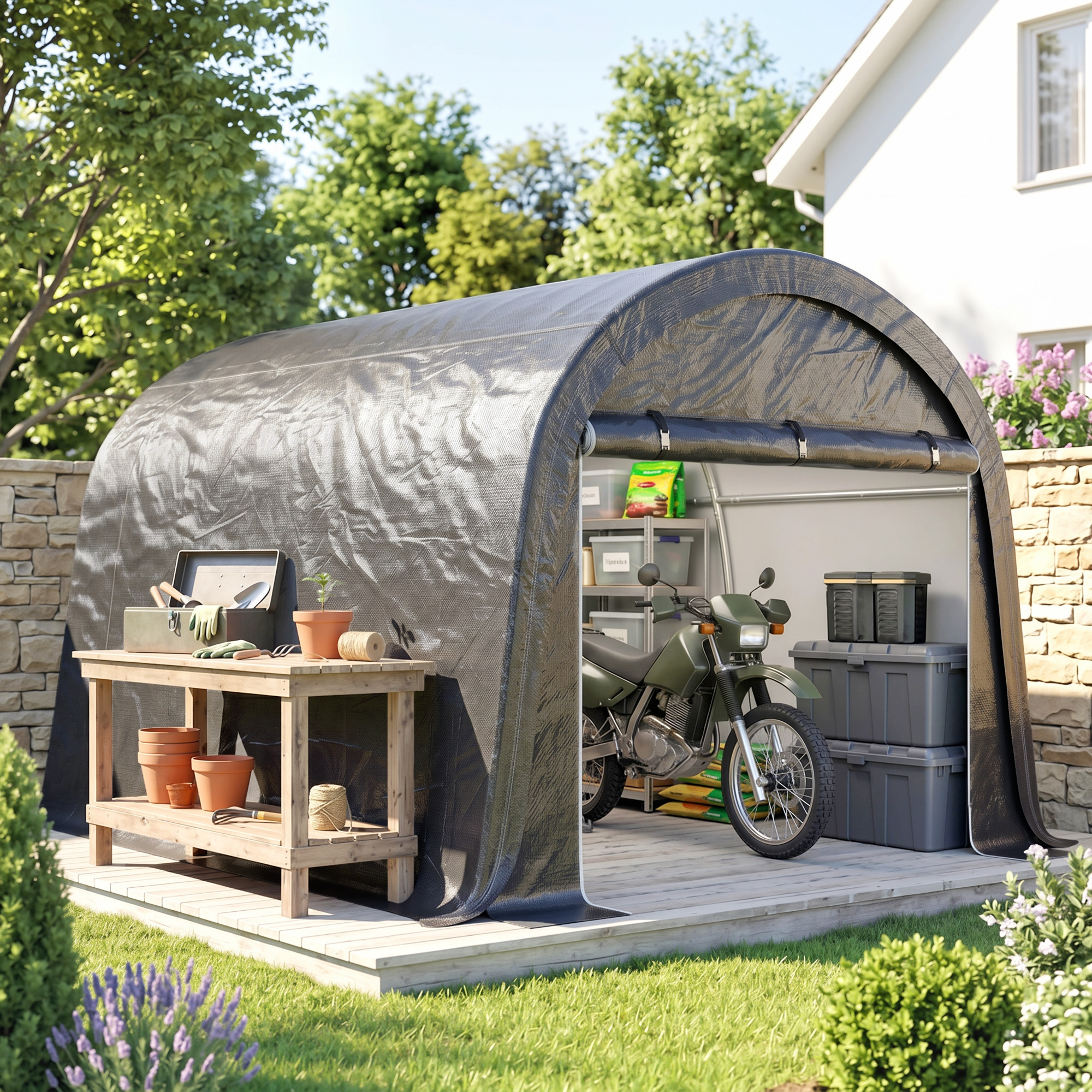 Una moto verde dentro una tenda nera accanto ad attrezzi e piante.