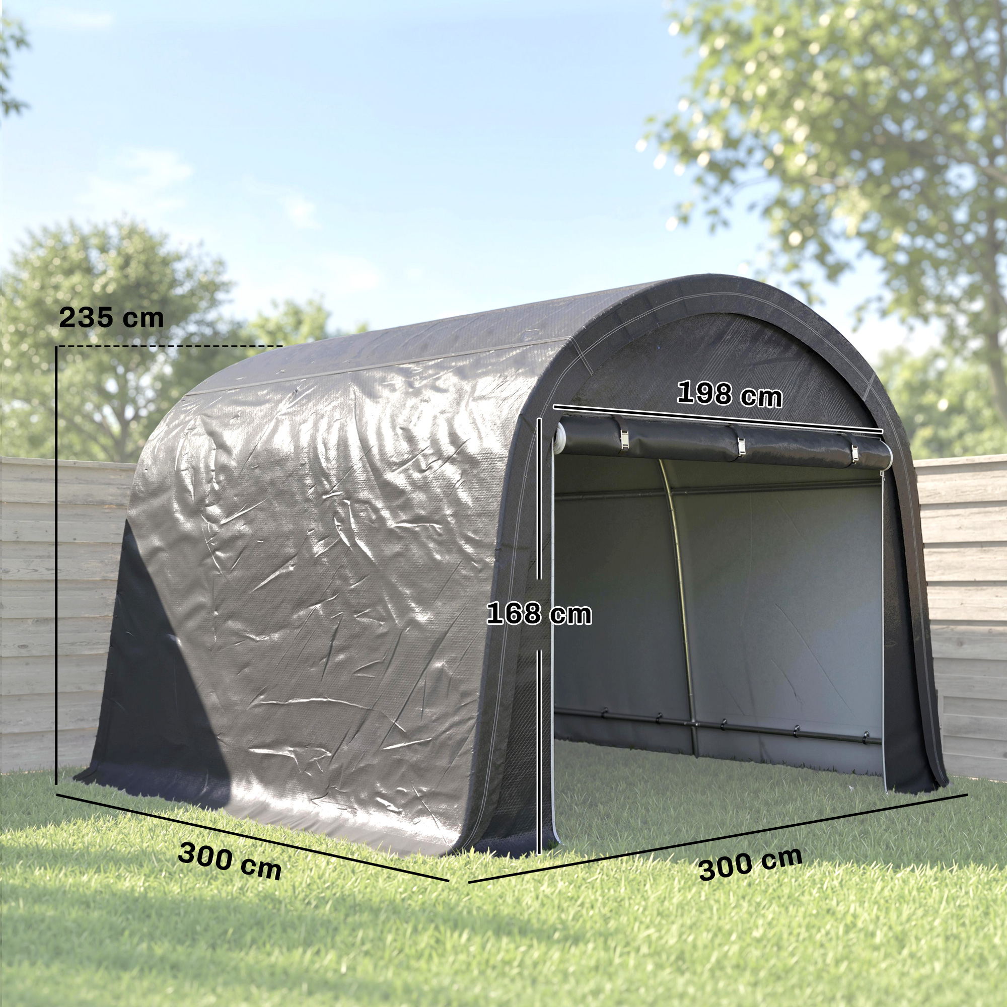 Tenda nera di 300x300x235 cm, su erba, con recinzione in legno sullo sfondo.