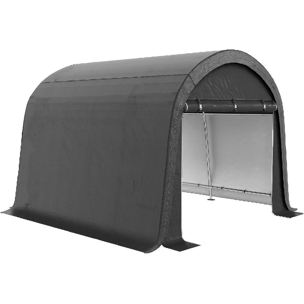 Una tenda grigia ad arco con porta arrotolabile e telaio in metallo.