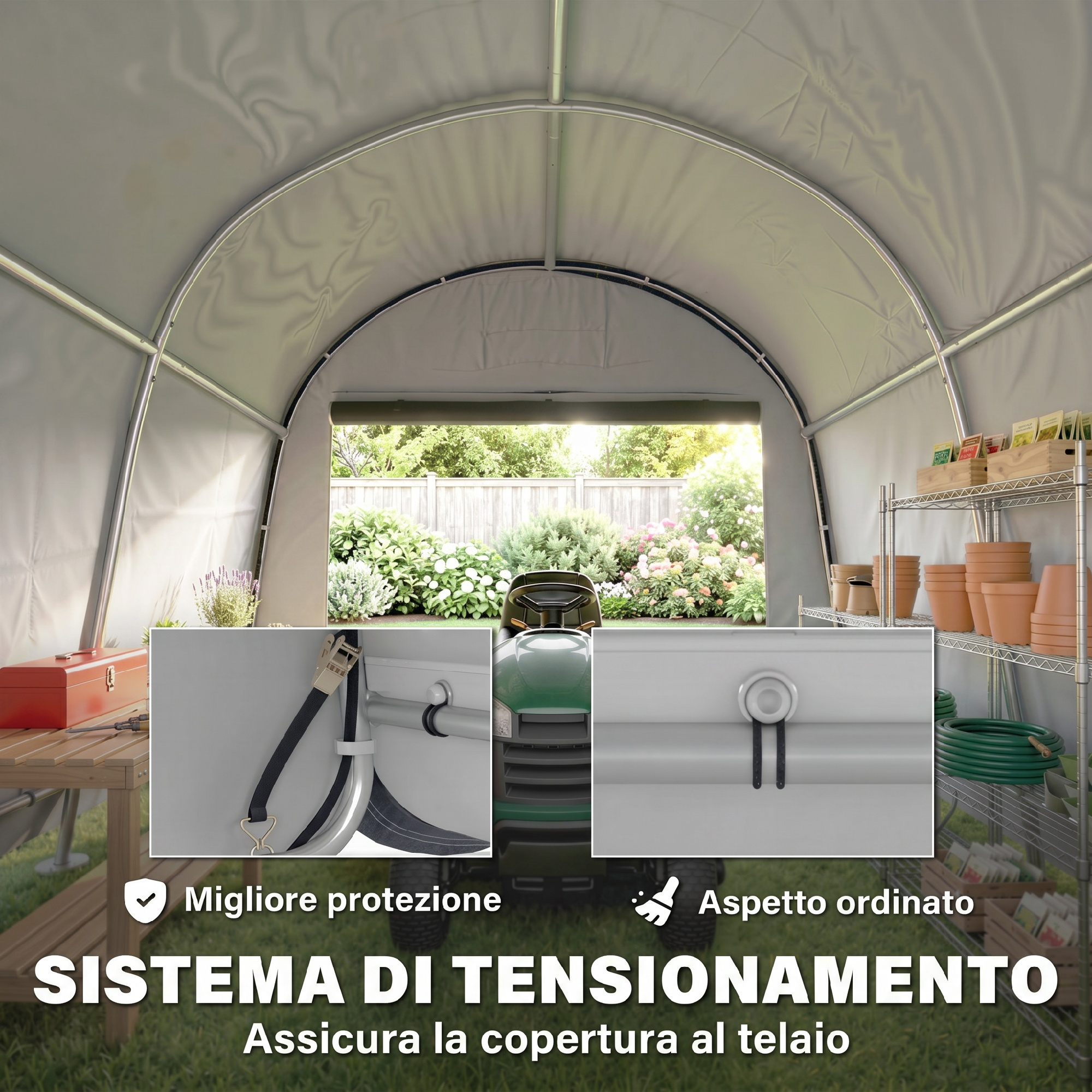 Un trattorino tosaerba sotto una tenda grigia con scaffali e attrezzi da giardino.