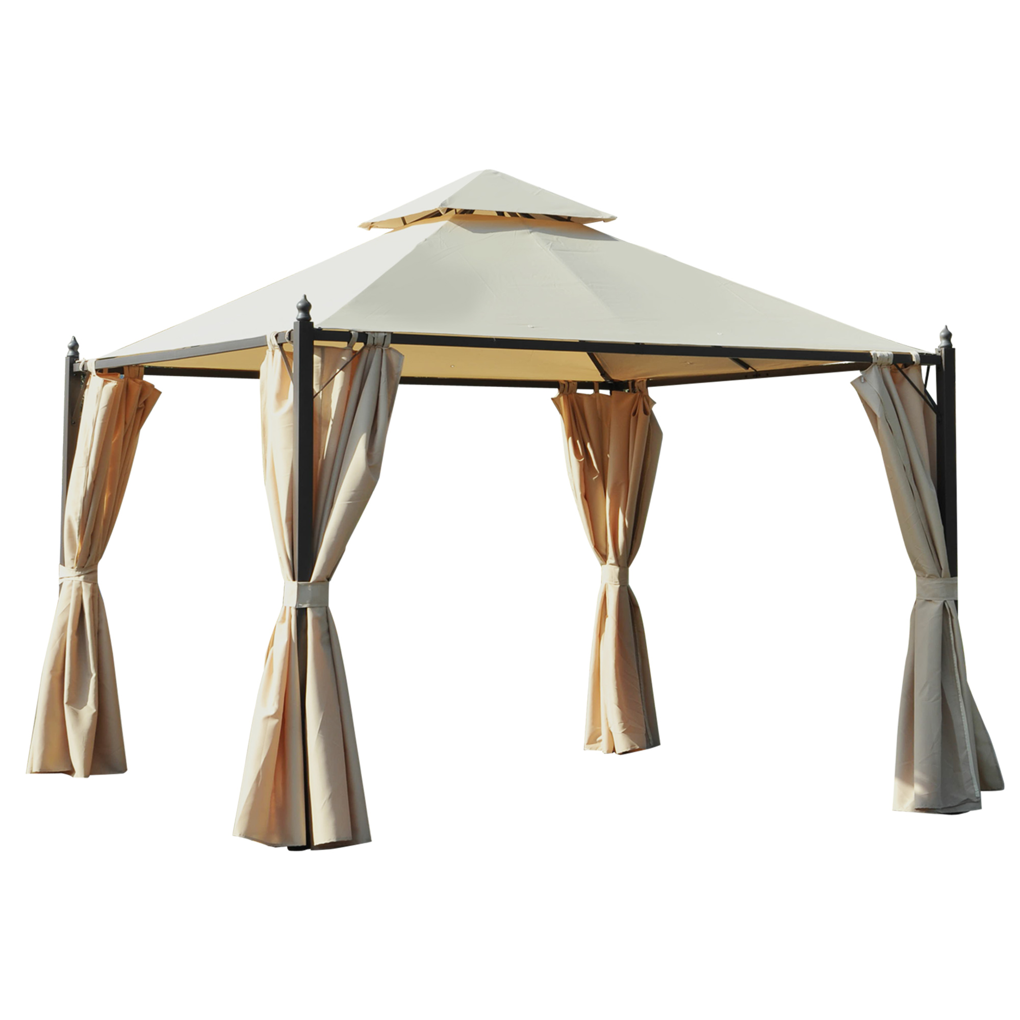 Un gazebo beige a due livelli con tende appese a pali scuri.