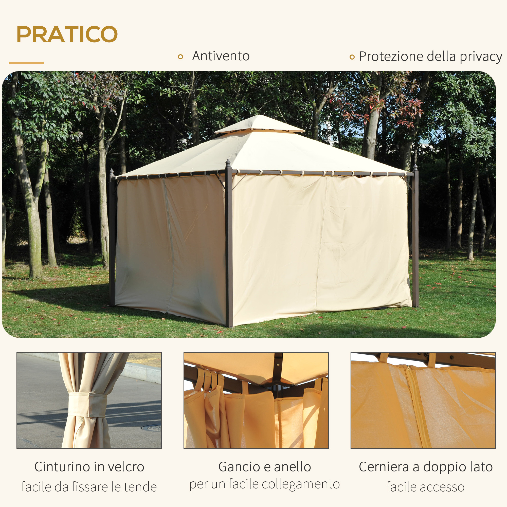 Un gazebo beige con lati in tessuto, circondato da alberi e erba.