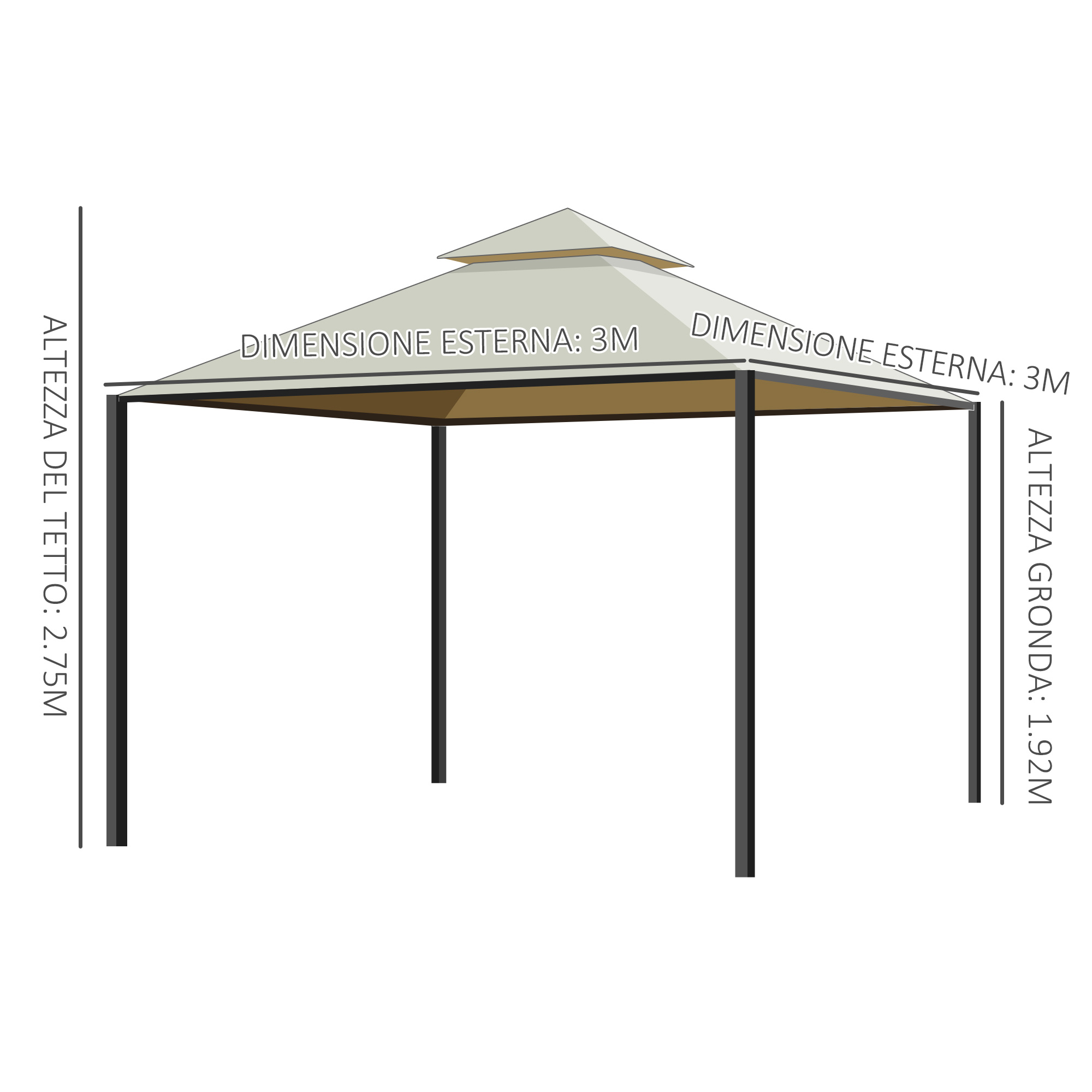 Un gazebo a quattro pali con tetto a due livelli e dimensioni.
