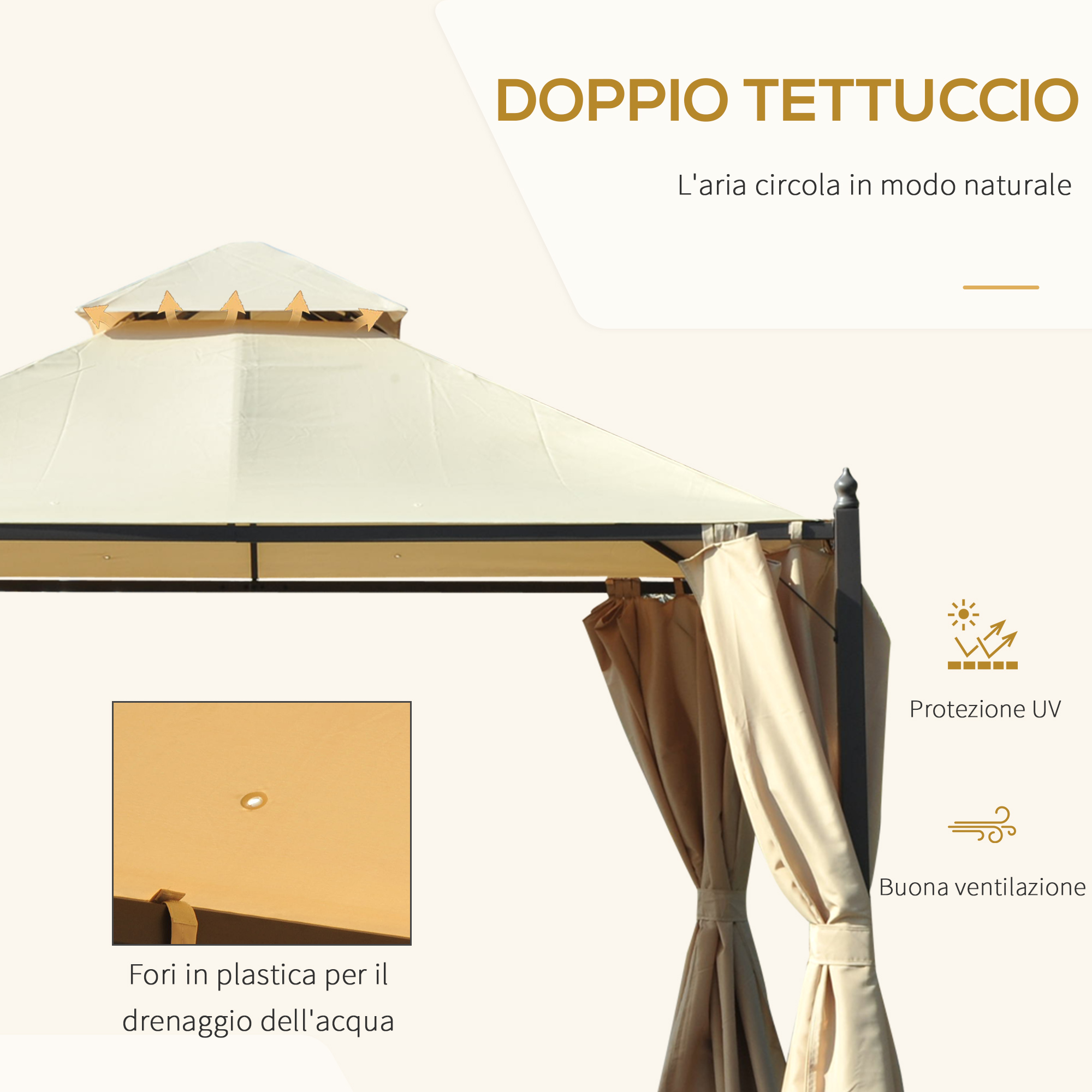 Gazebo beige con doppio tetto e caratteristiche di ventilazione.