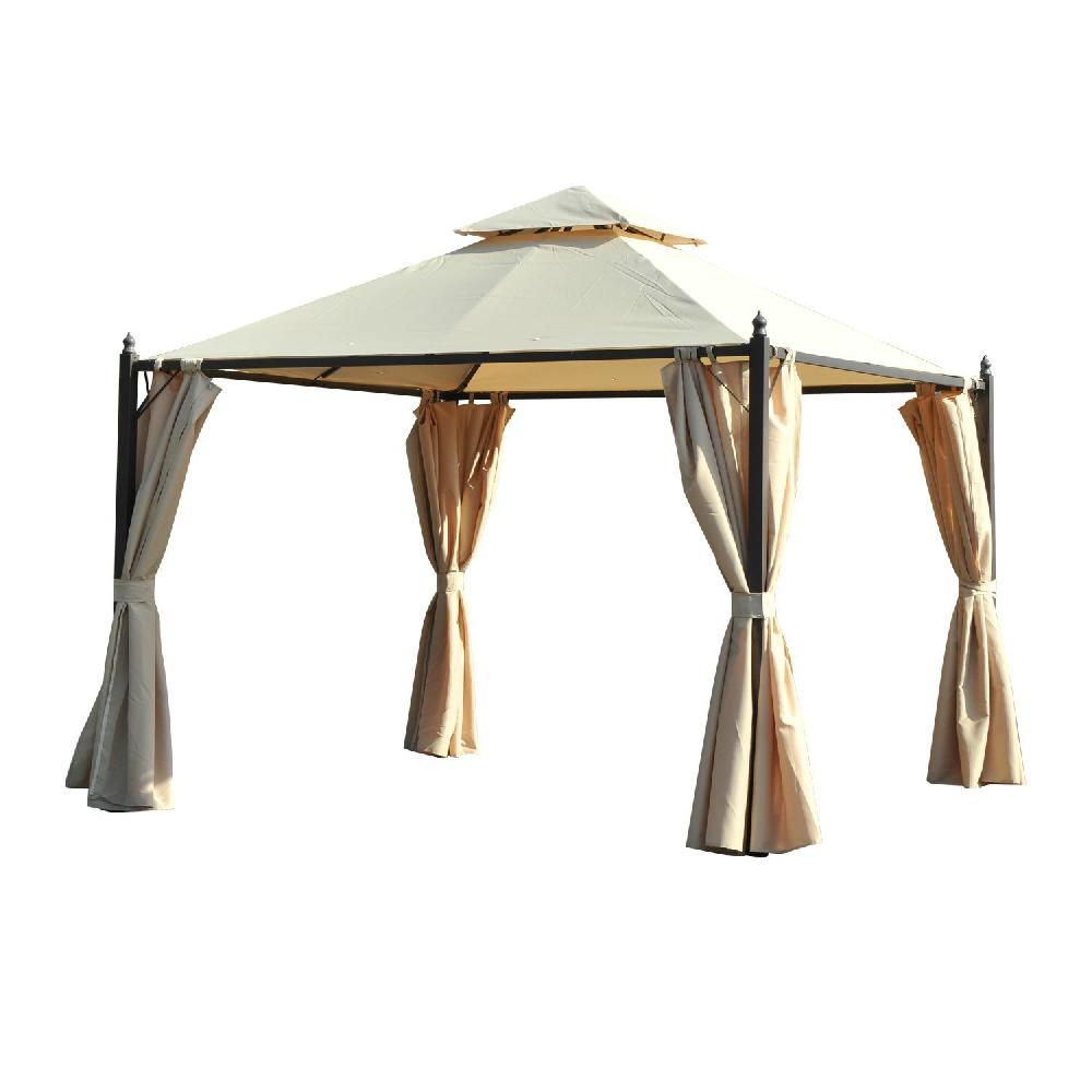 Un gazebo beige con tetto a doppio livello e quattro tende appese.