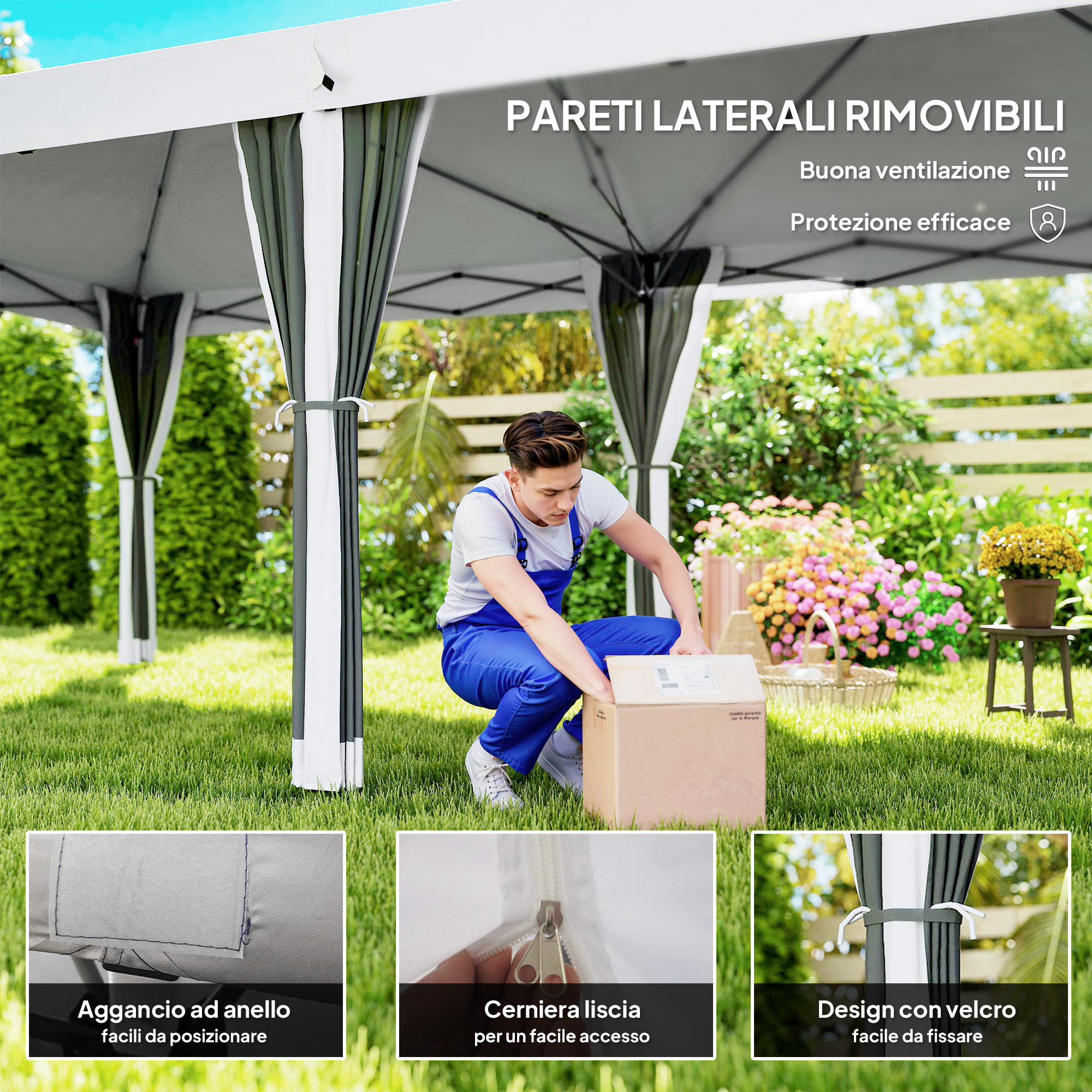 Uomo prende pacco sotto gazebo con pareti laterali in giardino.