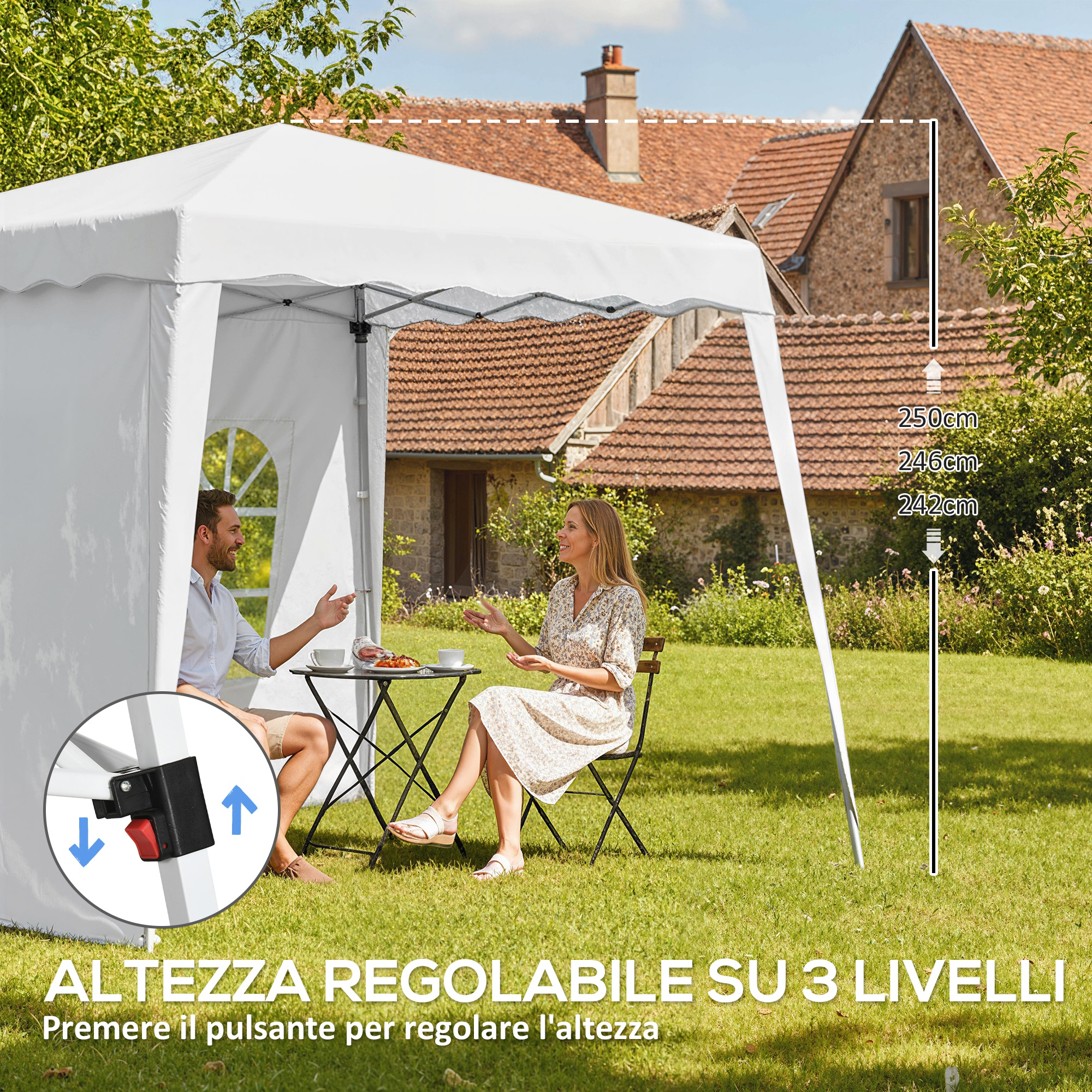 Un uomo e una donna siedono a un tavolo sotto un gazebo bianco in giardino.