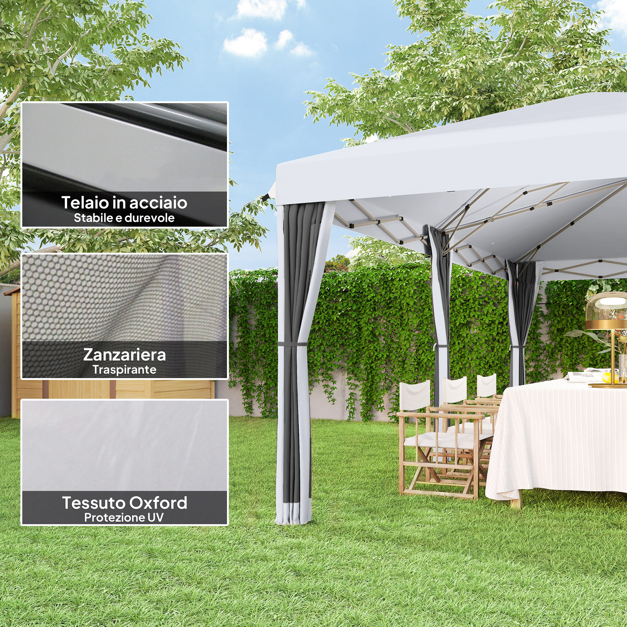 Un gazebo bianco con tavolo e sedie su un prato, circondato dal verde.