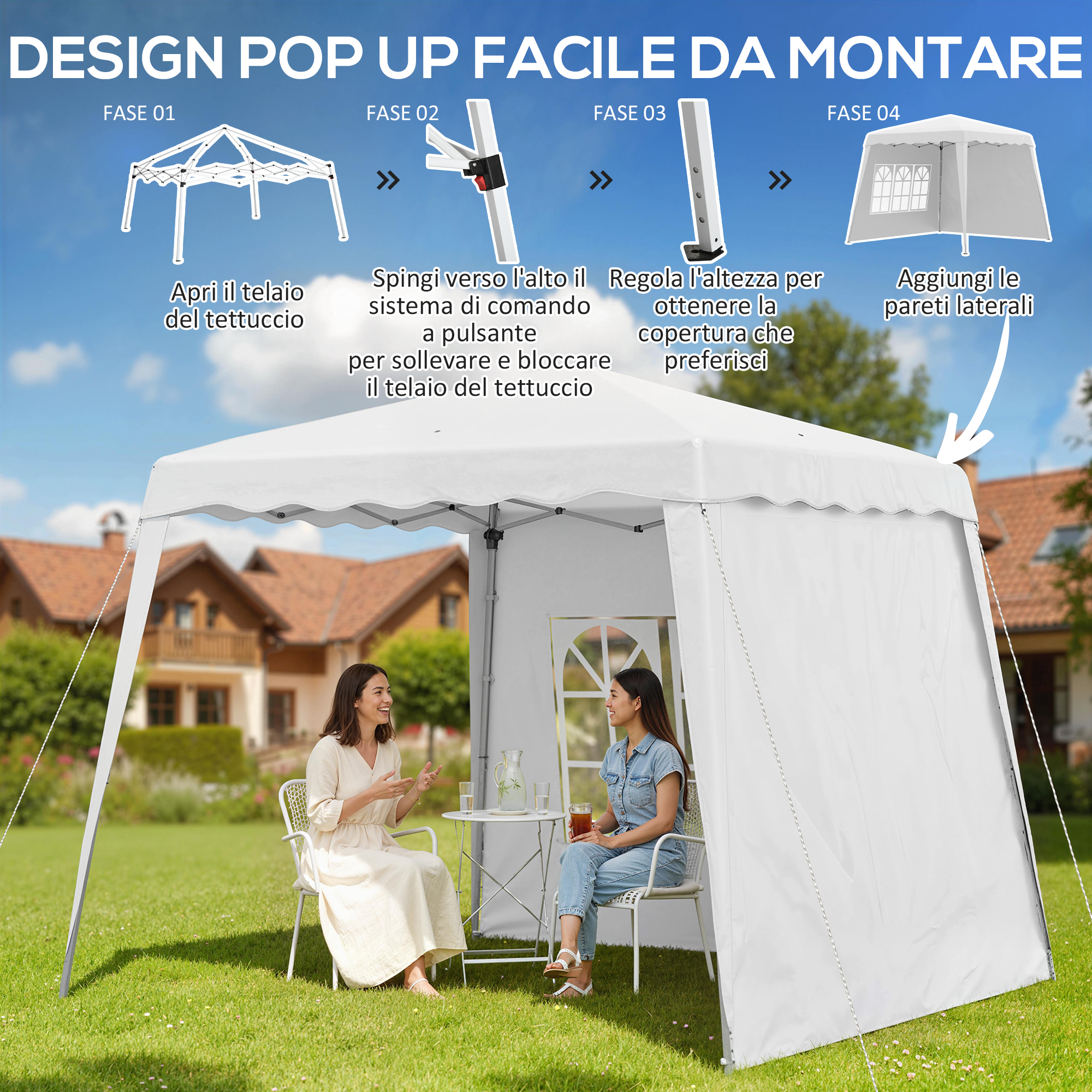 Due donne siedono sotto una tenda bianca in giardino, con un tavolo e bevande accanto.