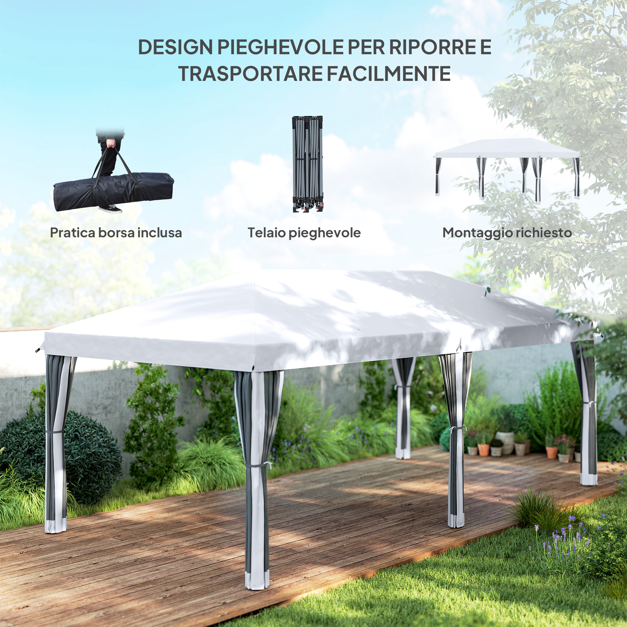 Un gazebo bianco con tende grigie su un terrazzo di legno all'aperto.