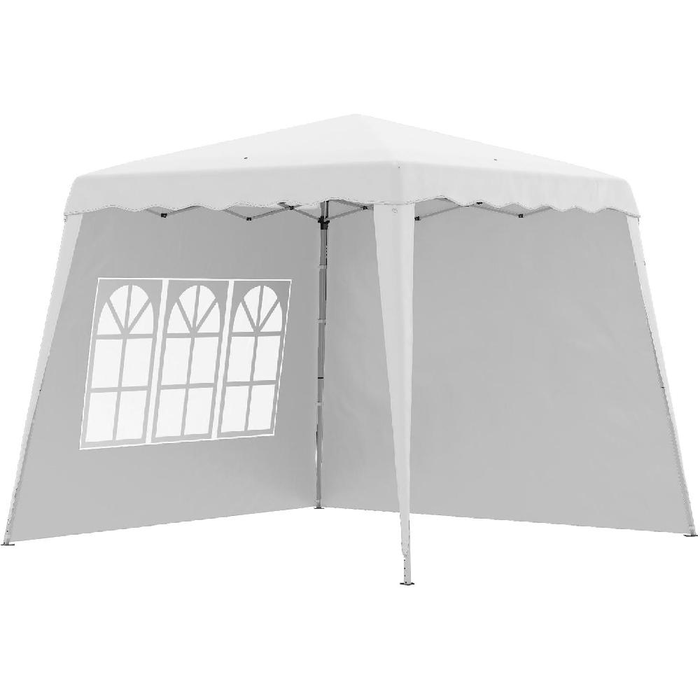 Una tenda a baldacchino bianca con tre finestre su un lato.