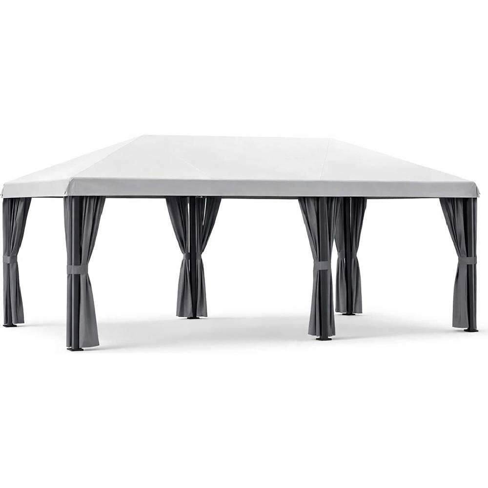 Un gazebo bianco con tende grigie, sostenuto da pali.