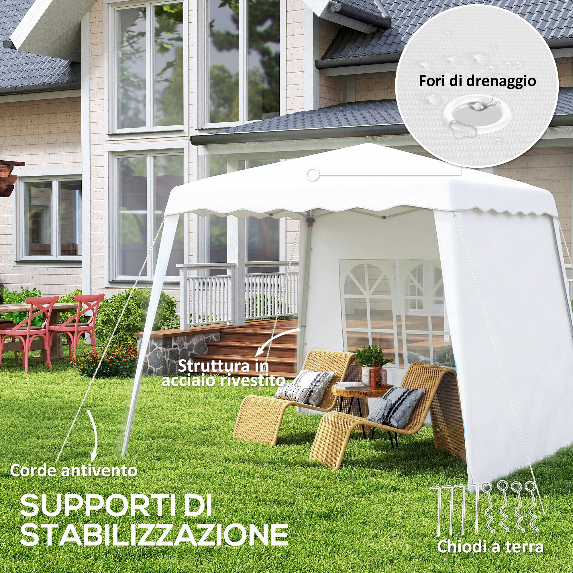 Una tenda bianca su un prato davanti a una casa. Sono presenti sedie e un tavolo.
