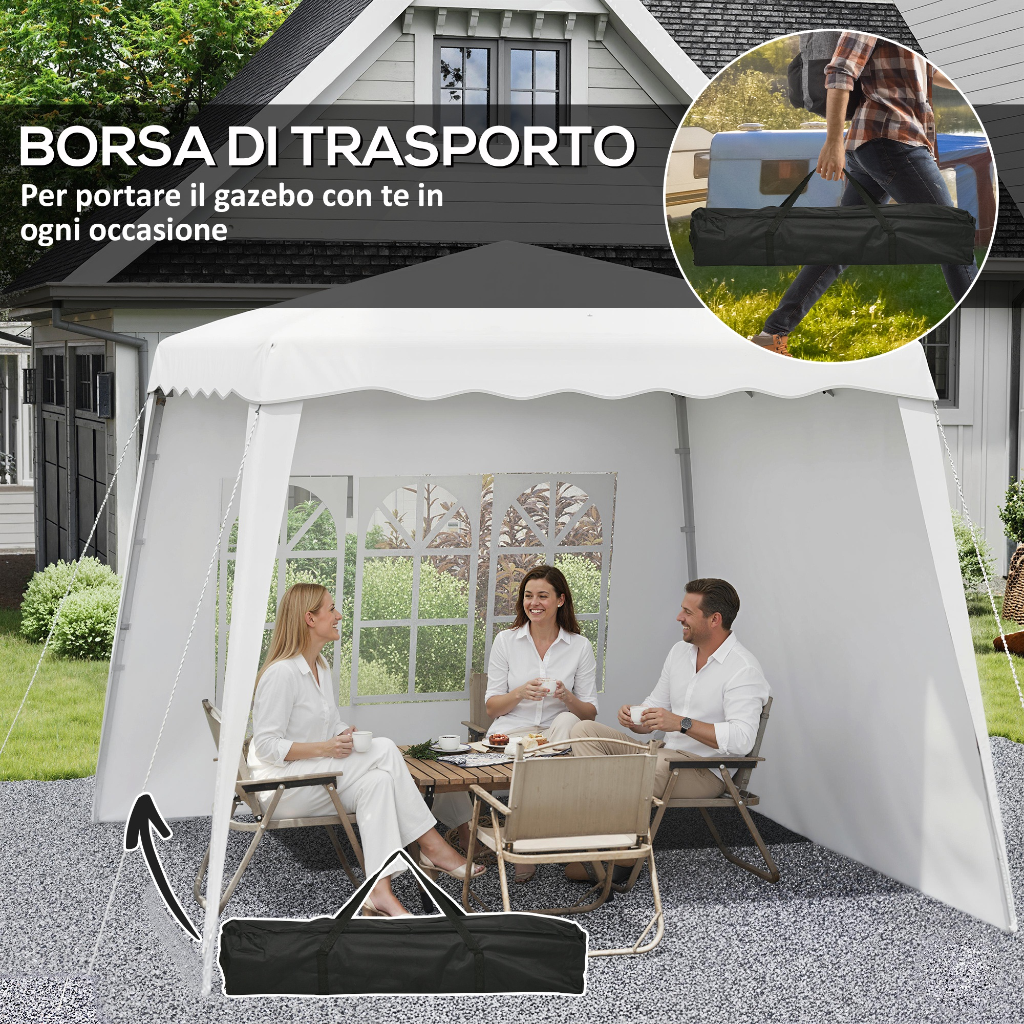 Tre persone siedono a un tavolo sotto una tenda bianca.