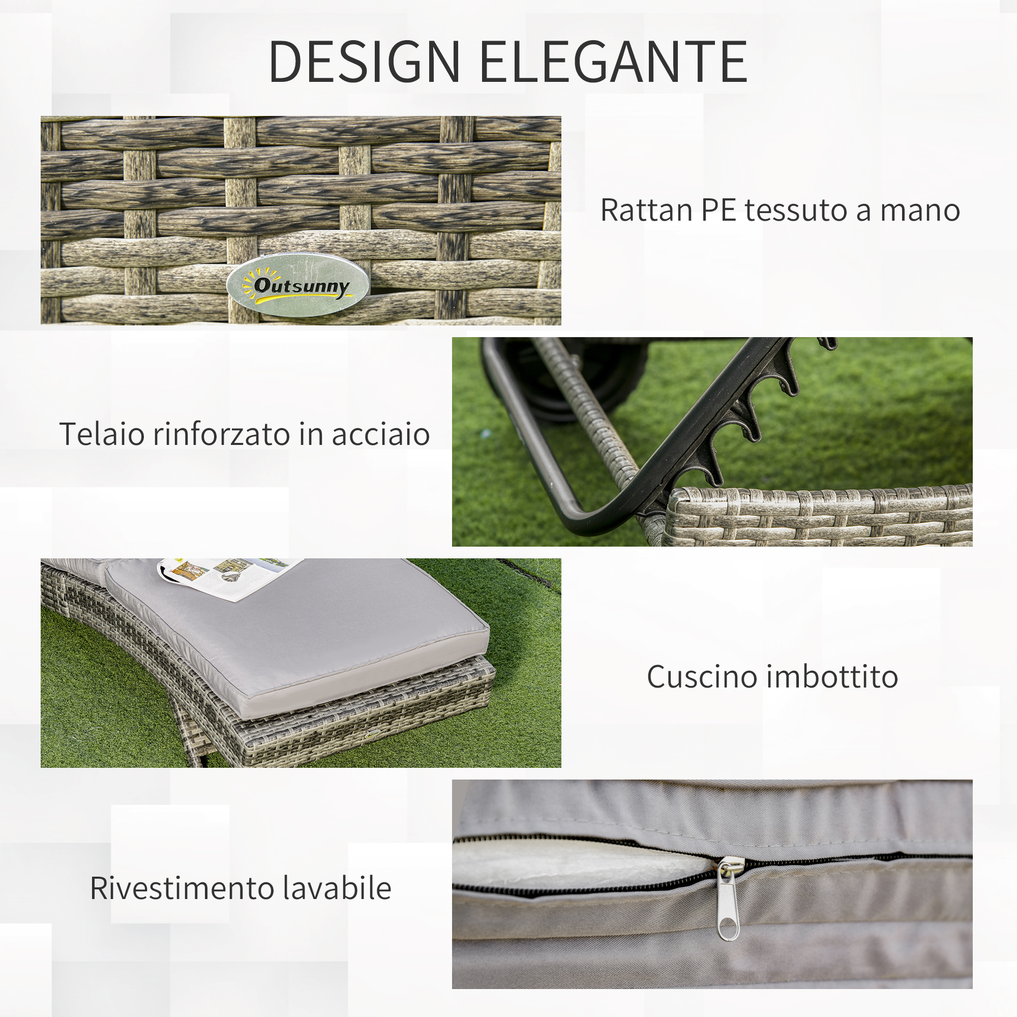 Rattan PE intrecciato a mano, telaio in acciaio, cuscino imbottito.