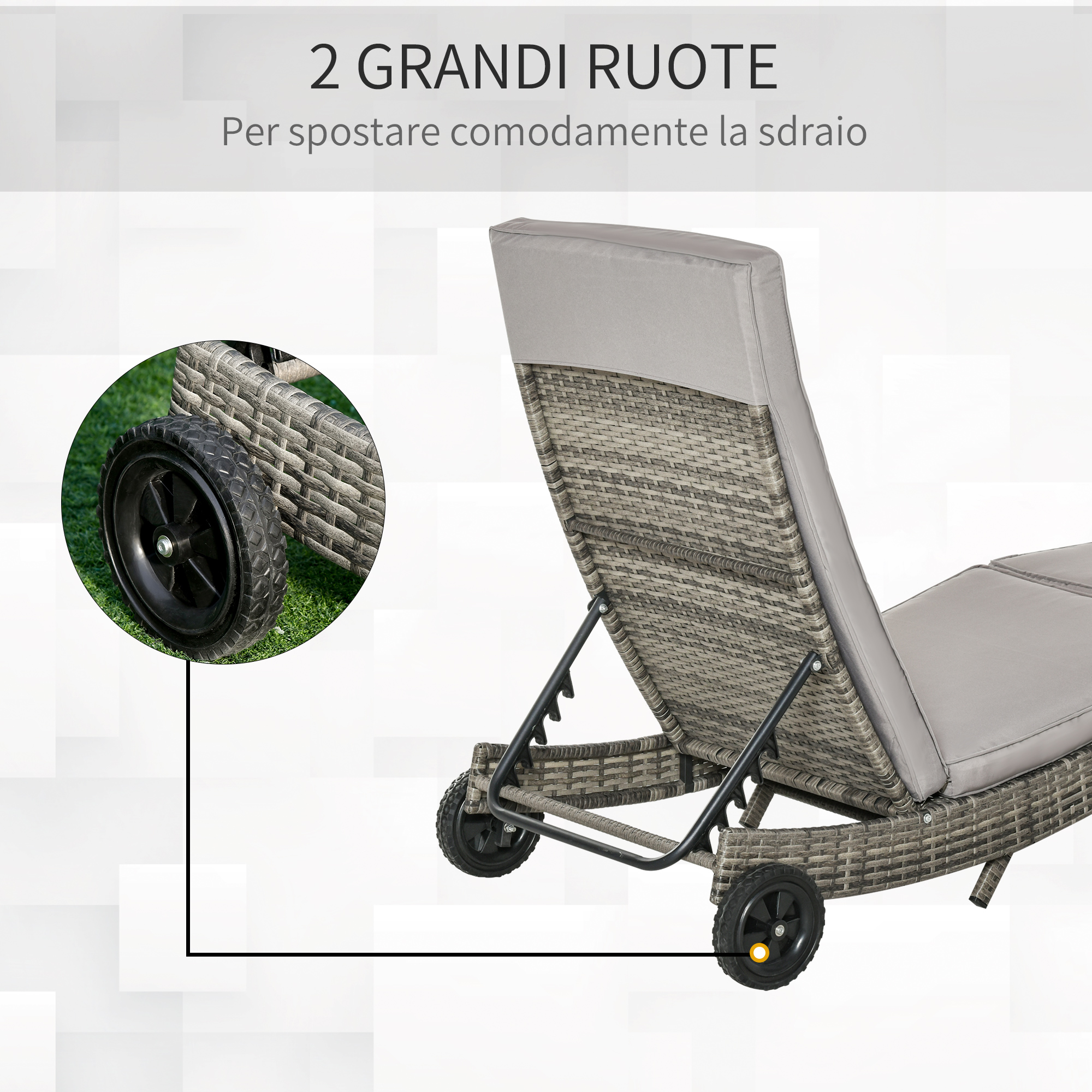 Lettino prendisole grigio in rattan con cuscini e due ruote nere per un facile trasporto.