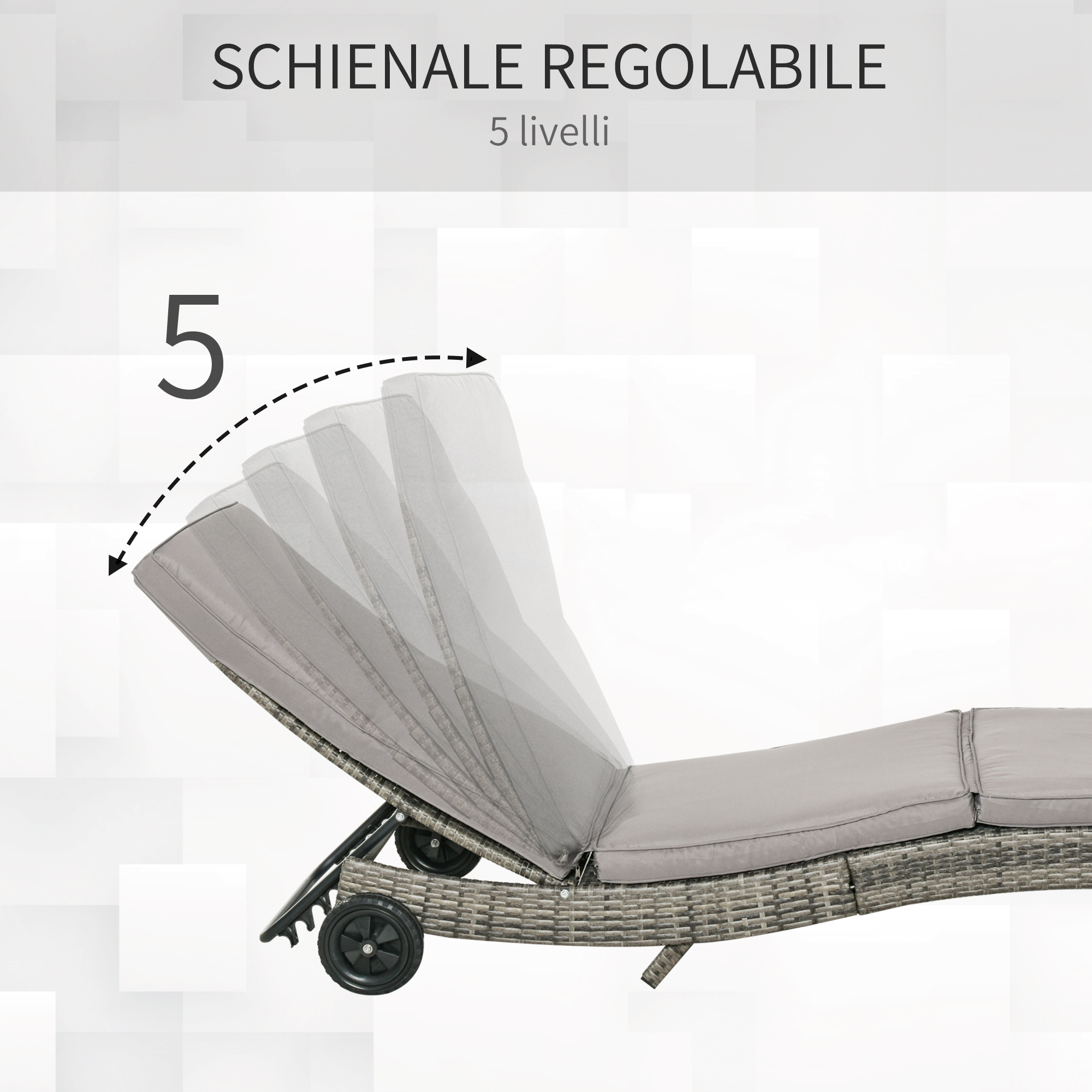 Chaise longue grigia con schienale regolabile, mostrata in 5 posizioni.