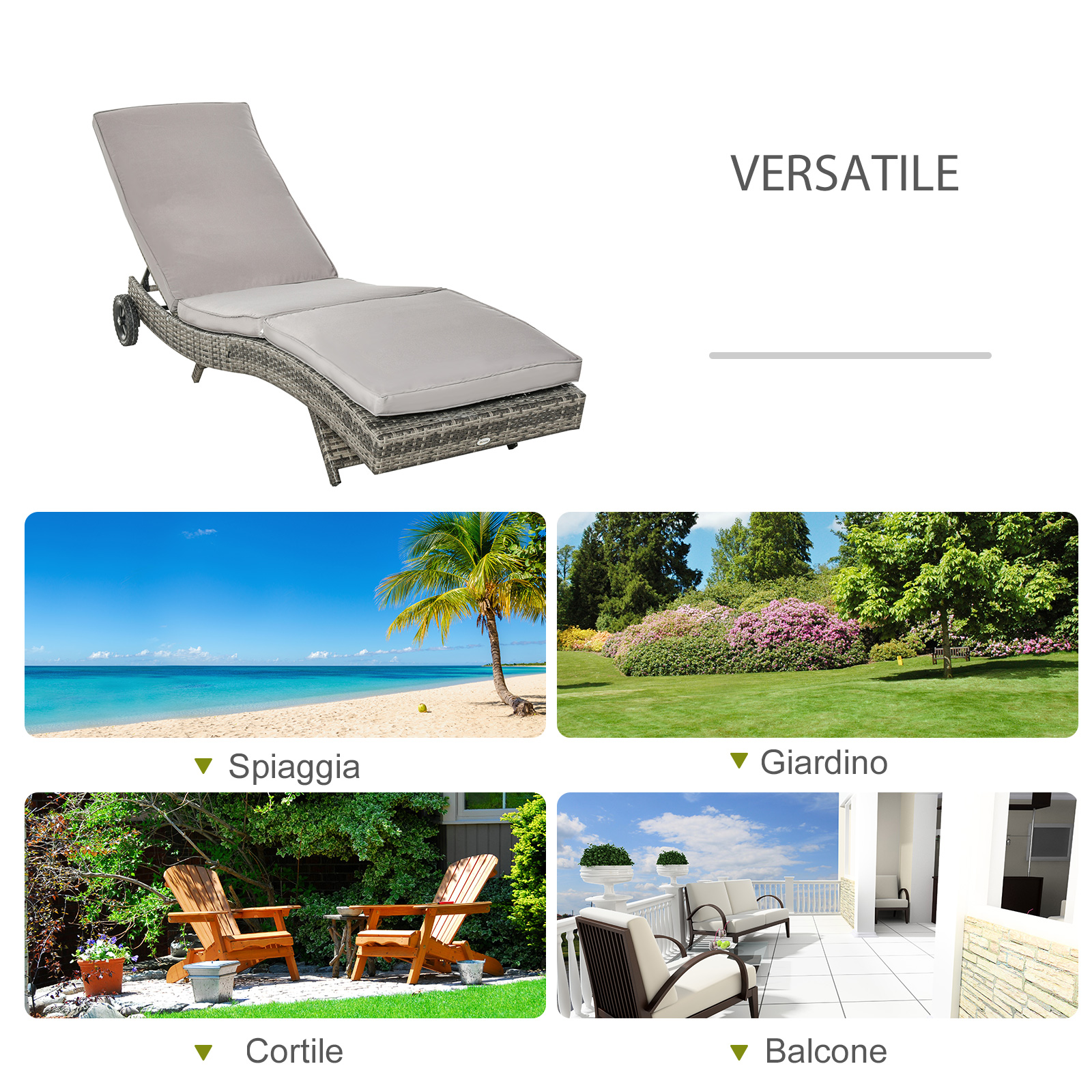 Una chaise longue in rattan grigio con cuscini e ruote, su sfondo bianco.