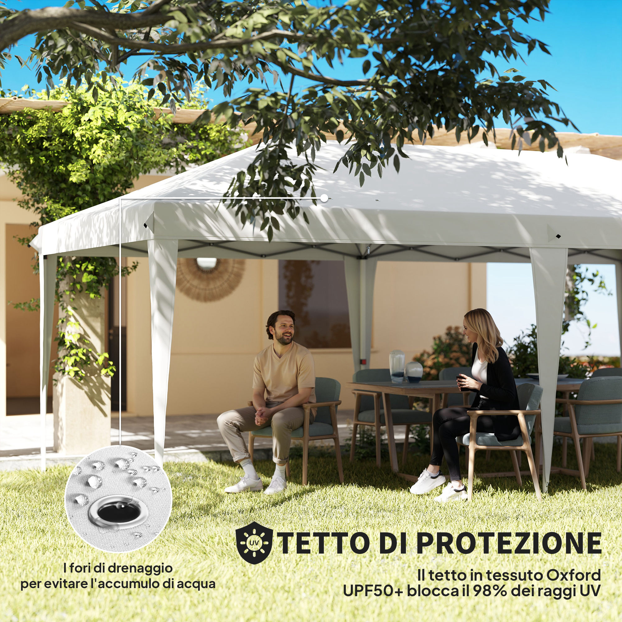 Un uomo e una donna seduti sotto un gazebo bianco con tavolo e sedie.