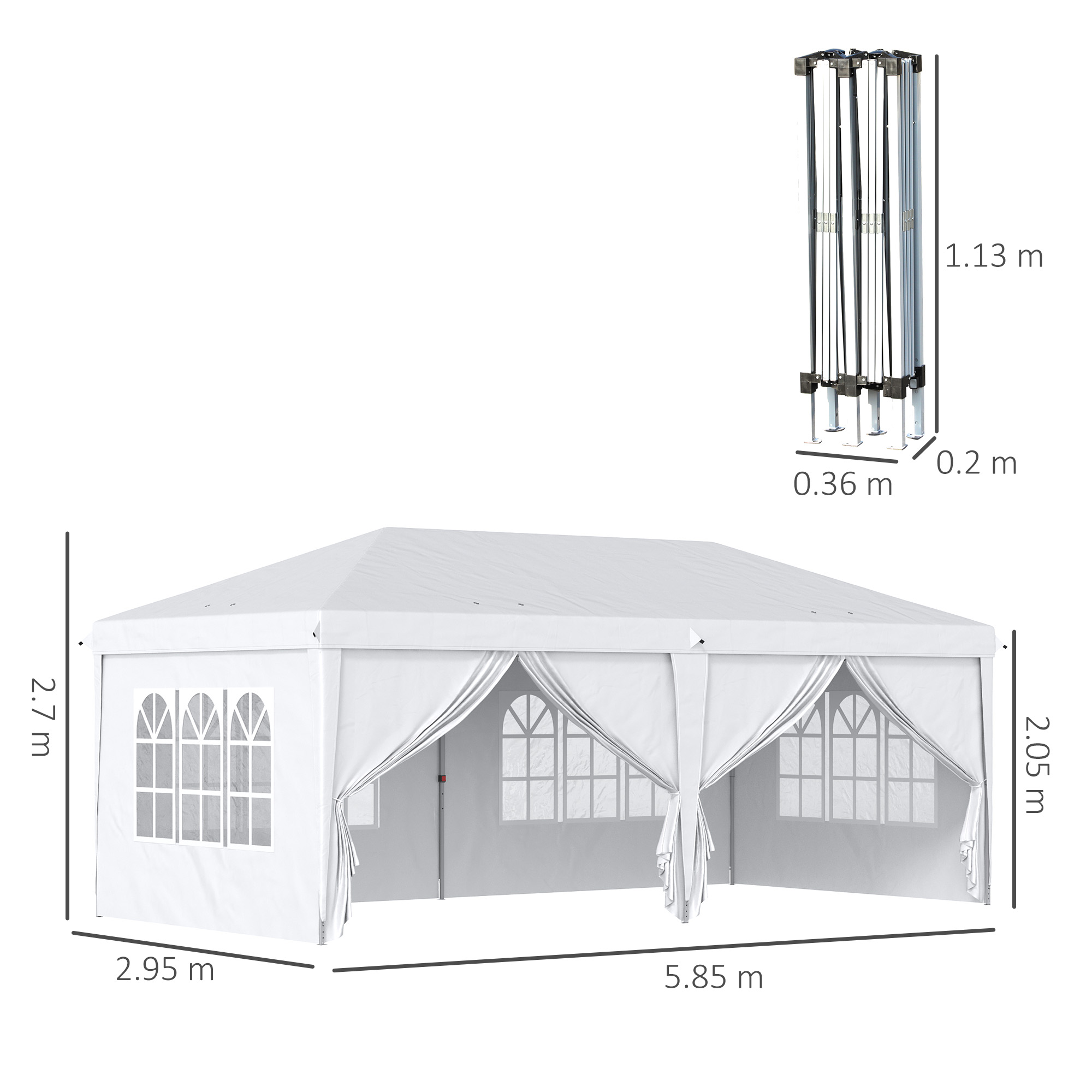 Struttura gazebo bianca con dimensioni e telaio piegato.