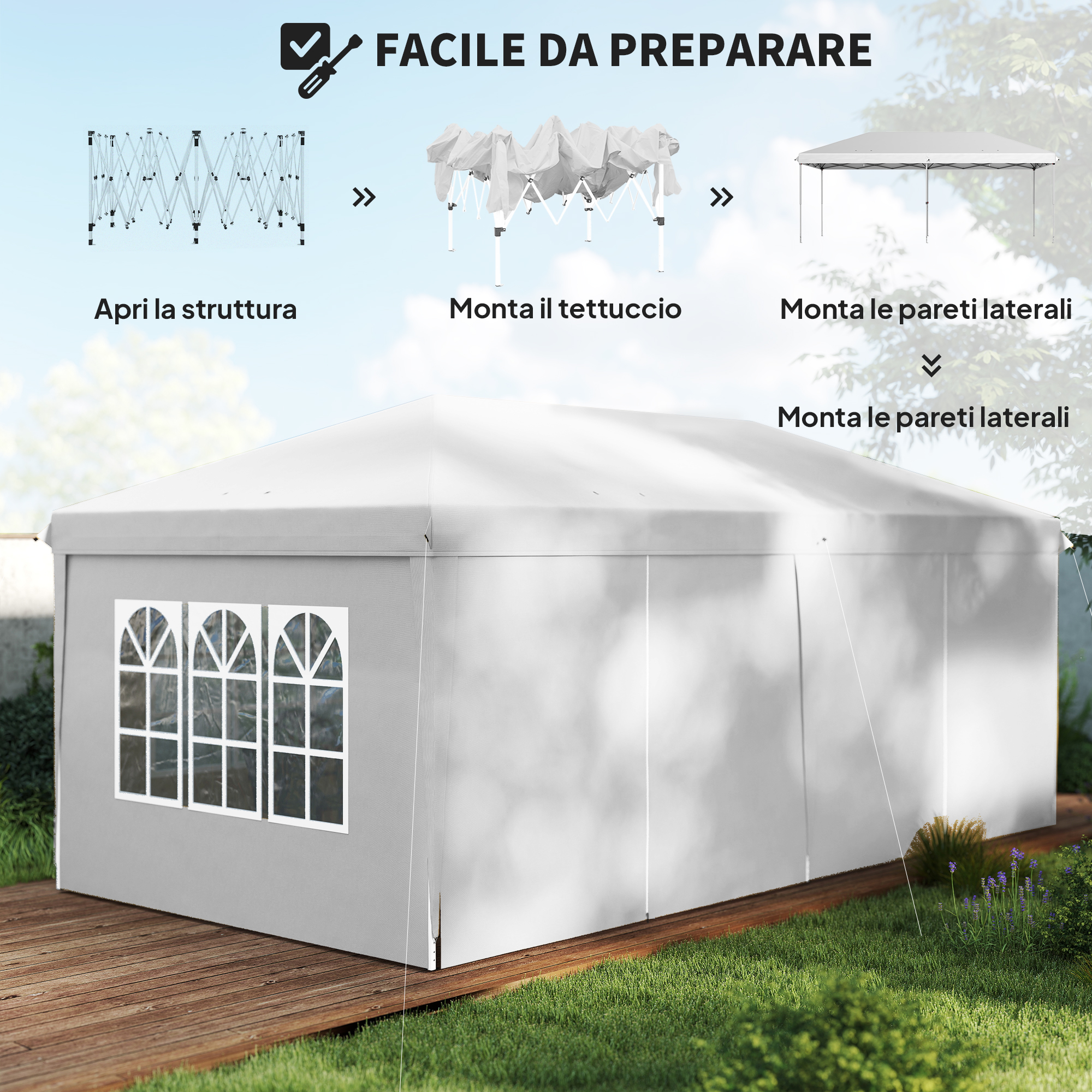 Montaggio di un gazebo bianco con finestre su una terrazza in legno.