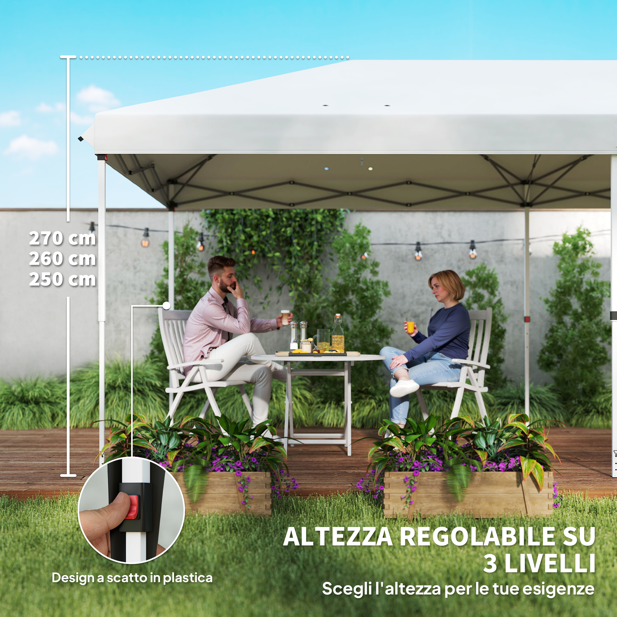 Uomo e donna seduti sotto un gazebo bianco, tavolo con bevande.