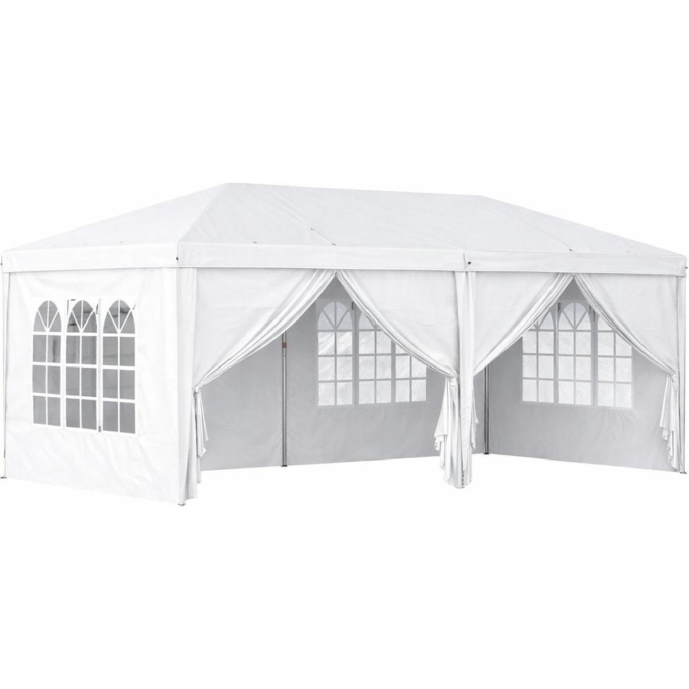 Una tenda bianca con finestre e lati aperti.