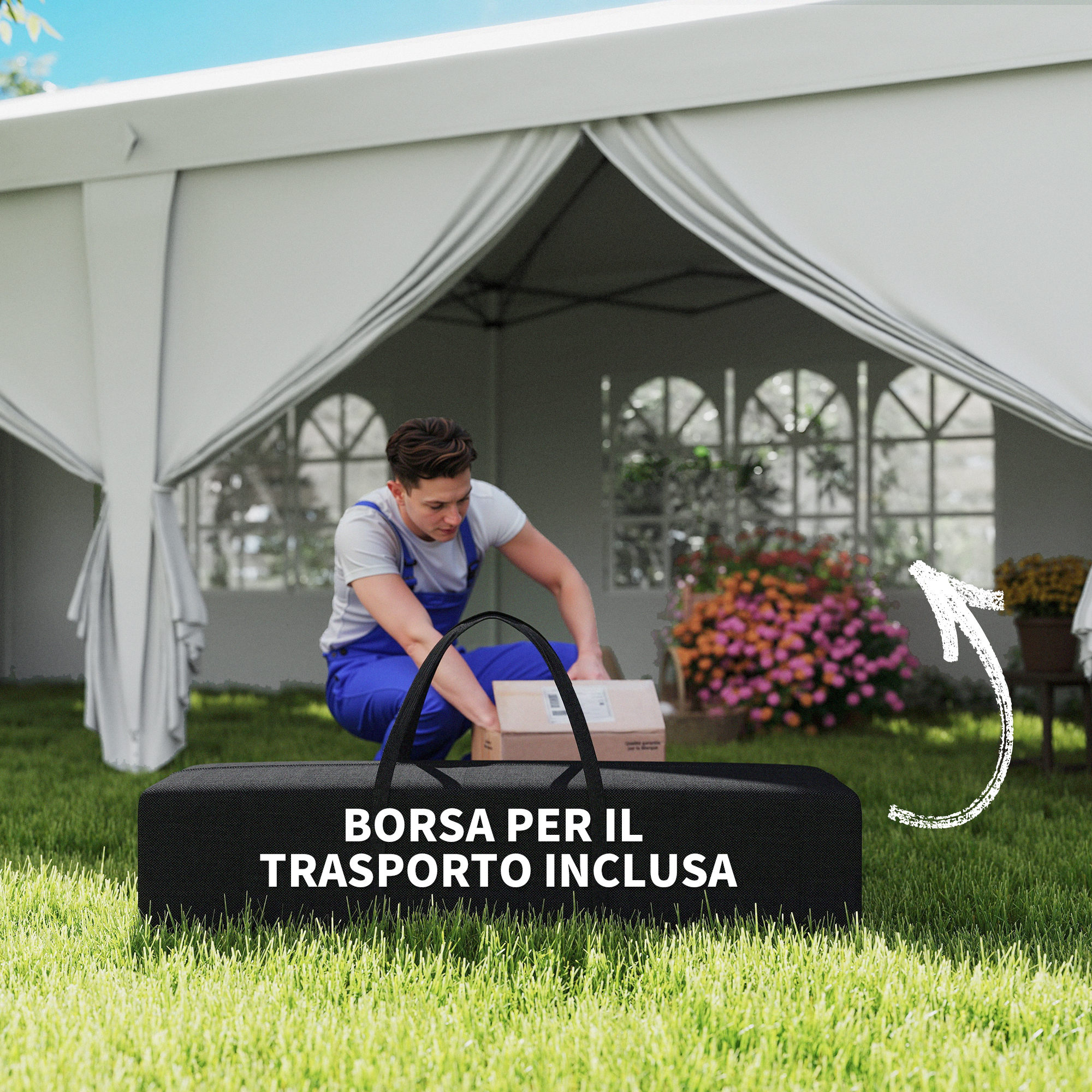 Uomo in tuta blu impacchetta scatola sotto tenda bianca. Borsa nera in primo piano.