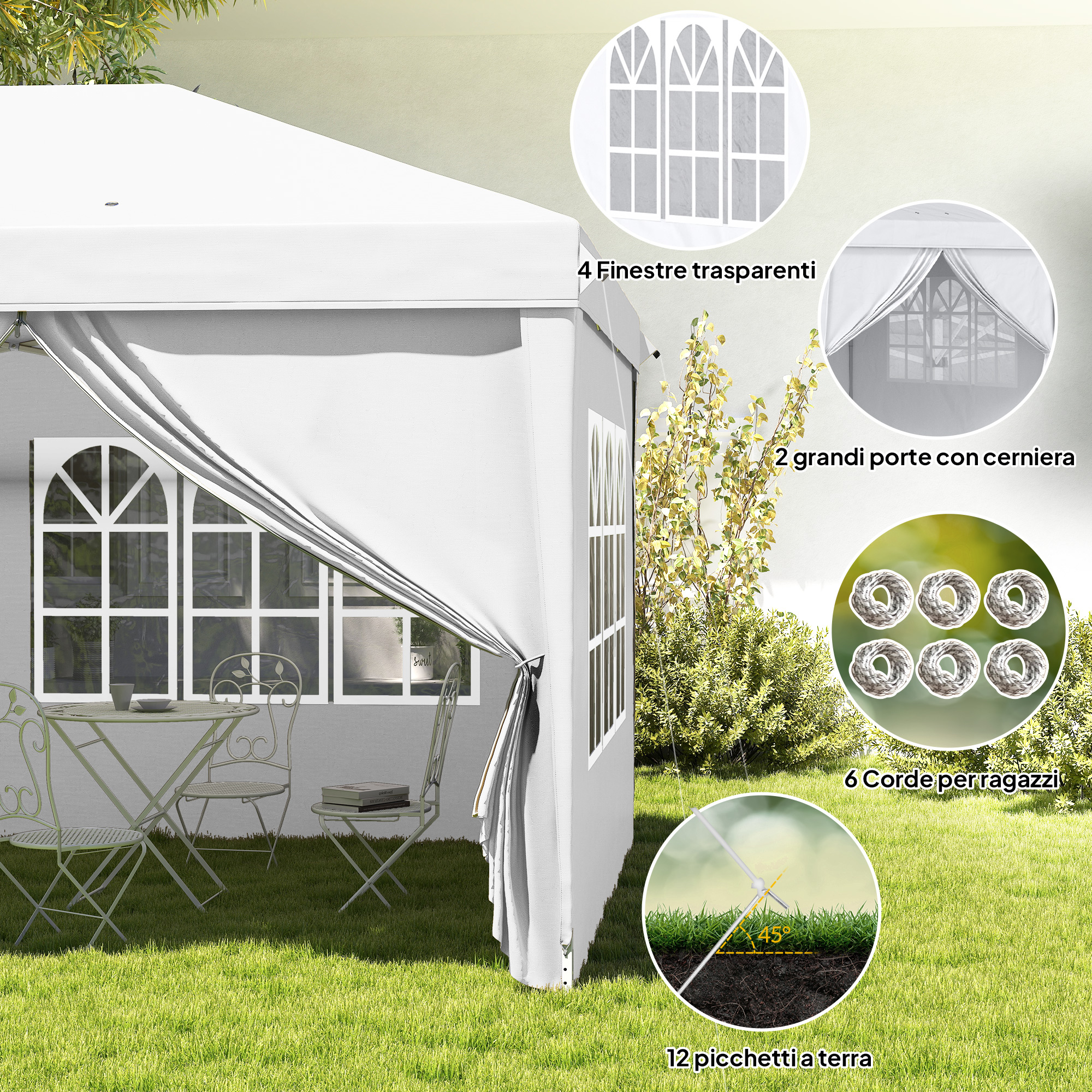 Una tenda bianca con finestre e porte, su un prato con mobili da giardino.