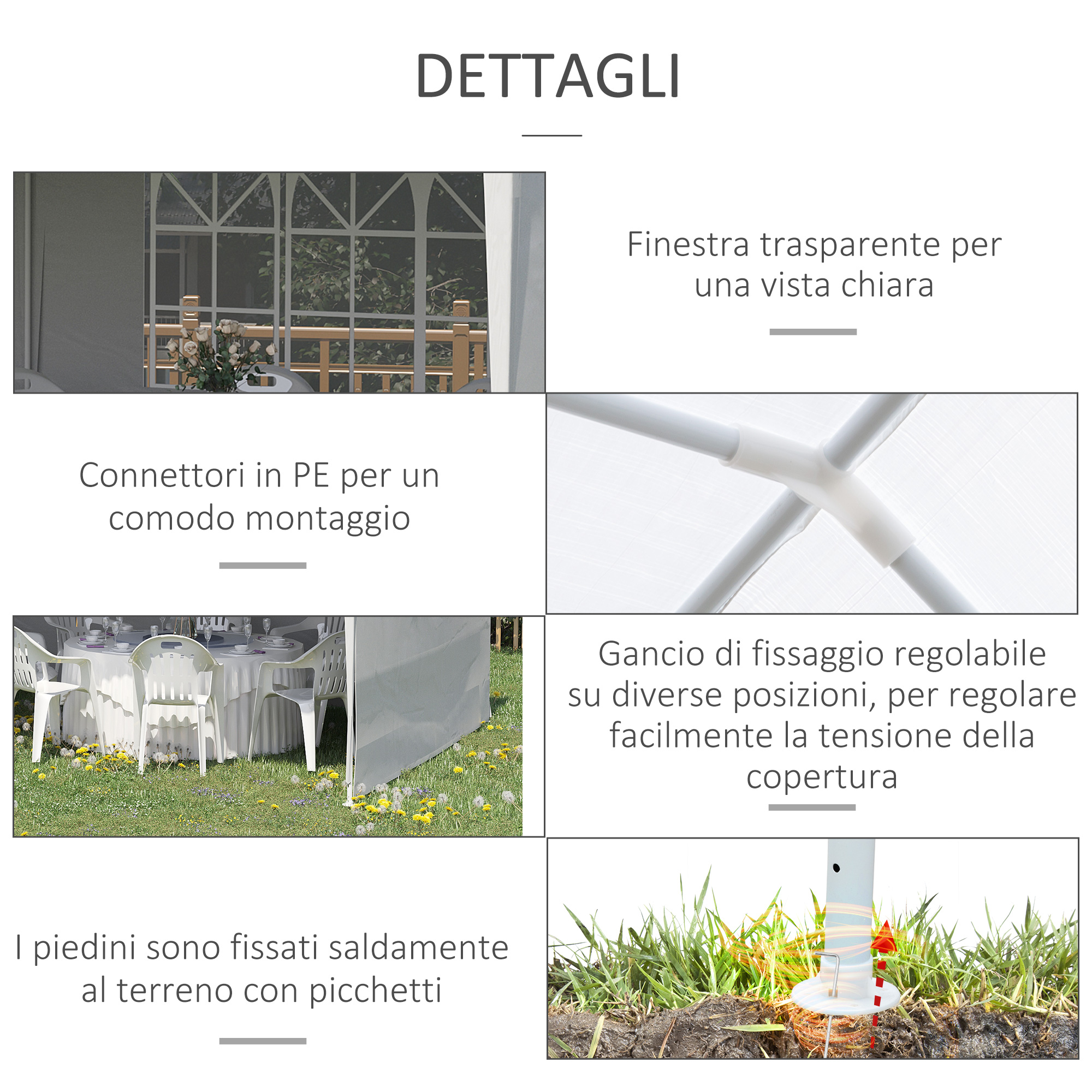 Dettagli tenda: finestra, connettori, tavolo e sedie, gancio, piedini.