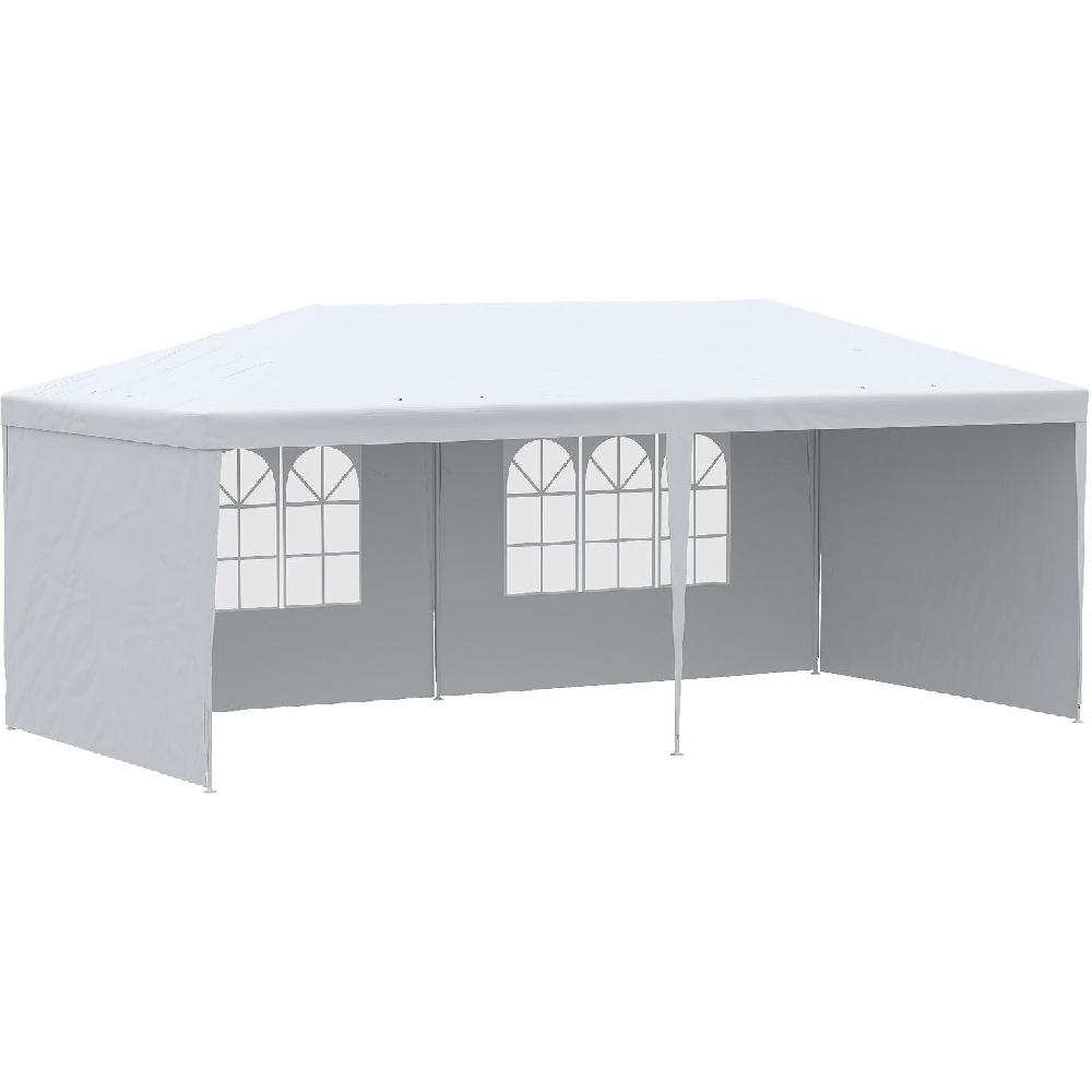 Una tenda bianca da festa con finestre si erge su sfondo bianco.