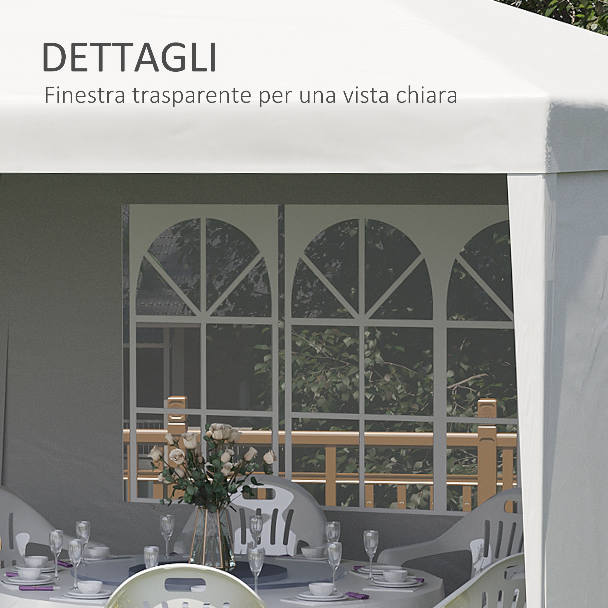 Interno di tenda con tavolo apparecchiato e finestre che mostrano vista esterna.