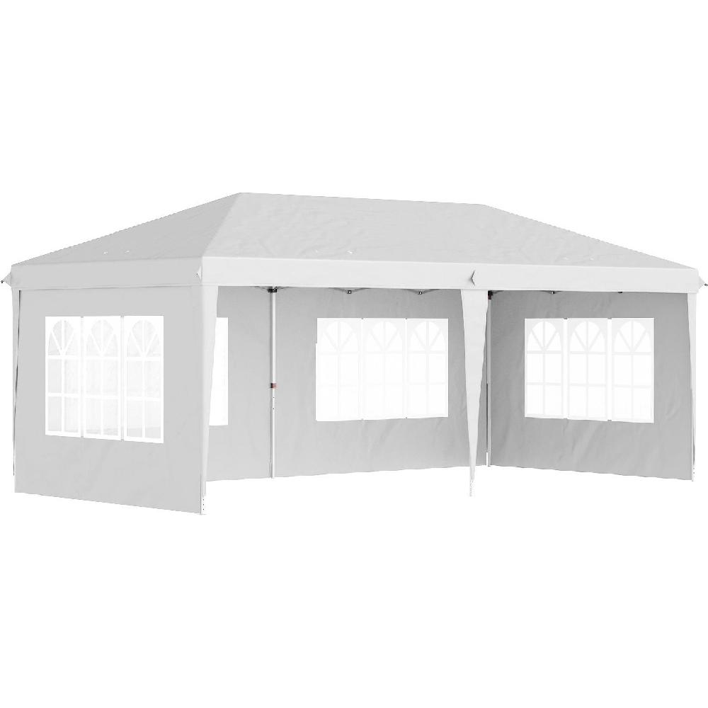 Una tenda bianca con finestre, su sfondo bianco.