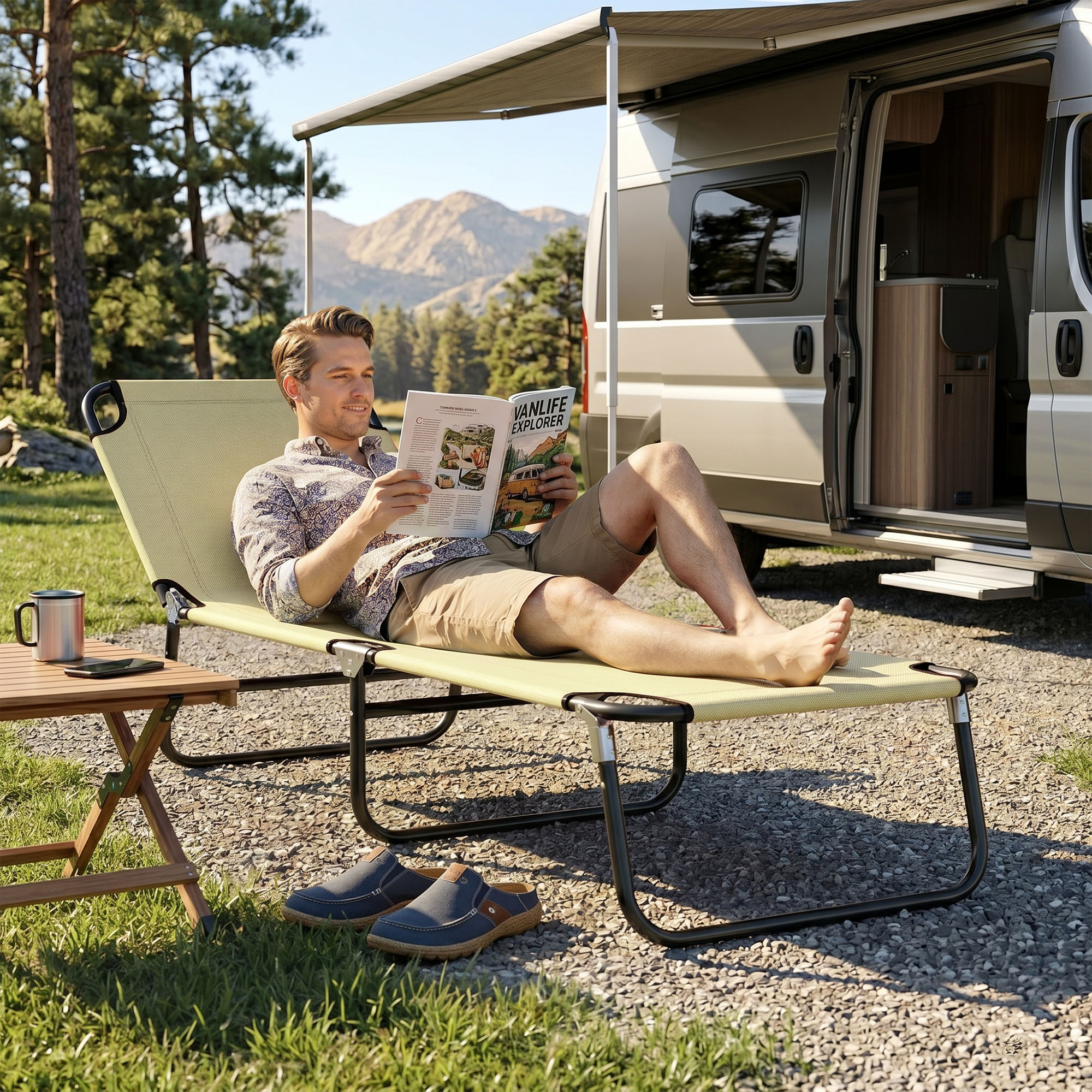 Uomo legge rivista su sdraio davanti a un camper all'aperto.