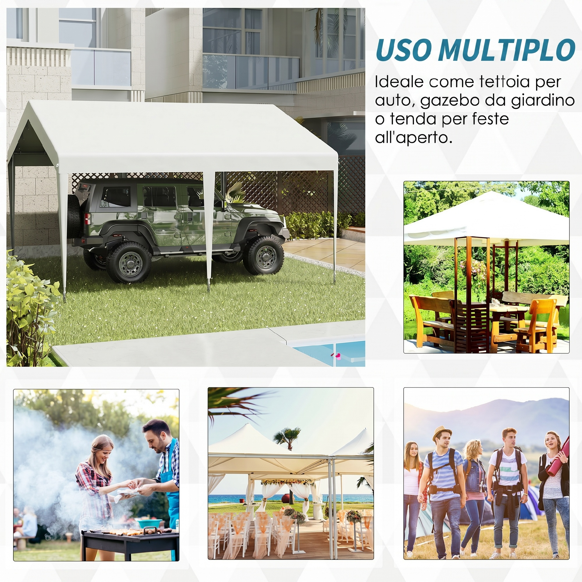 Tenda bianca ripara una Jeep verde; anche scene picnic e matrimonio.