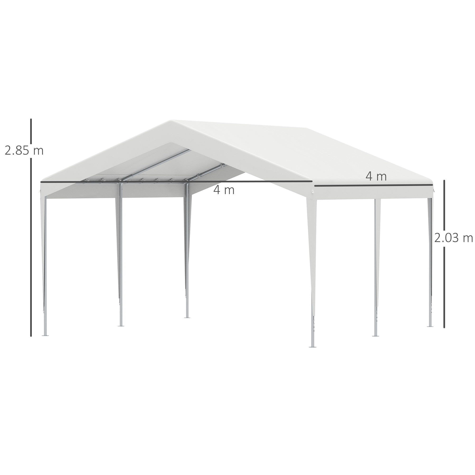 Una tenda bianca con pali metallici, larga 4m, alta 2,85m.
