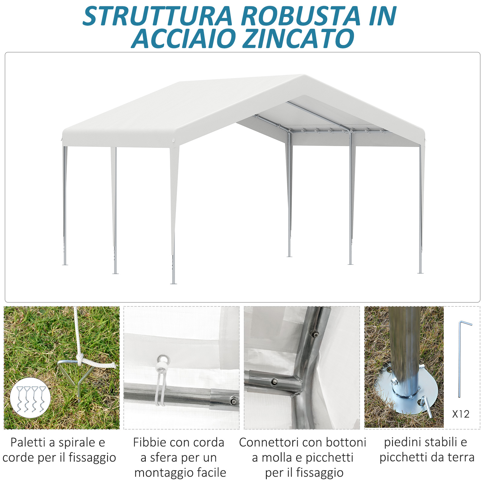Tenda bianca con struttura in metallo, picchetti, corde, fibbie e piedini.