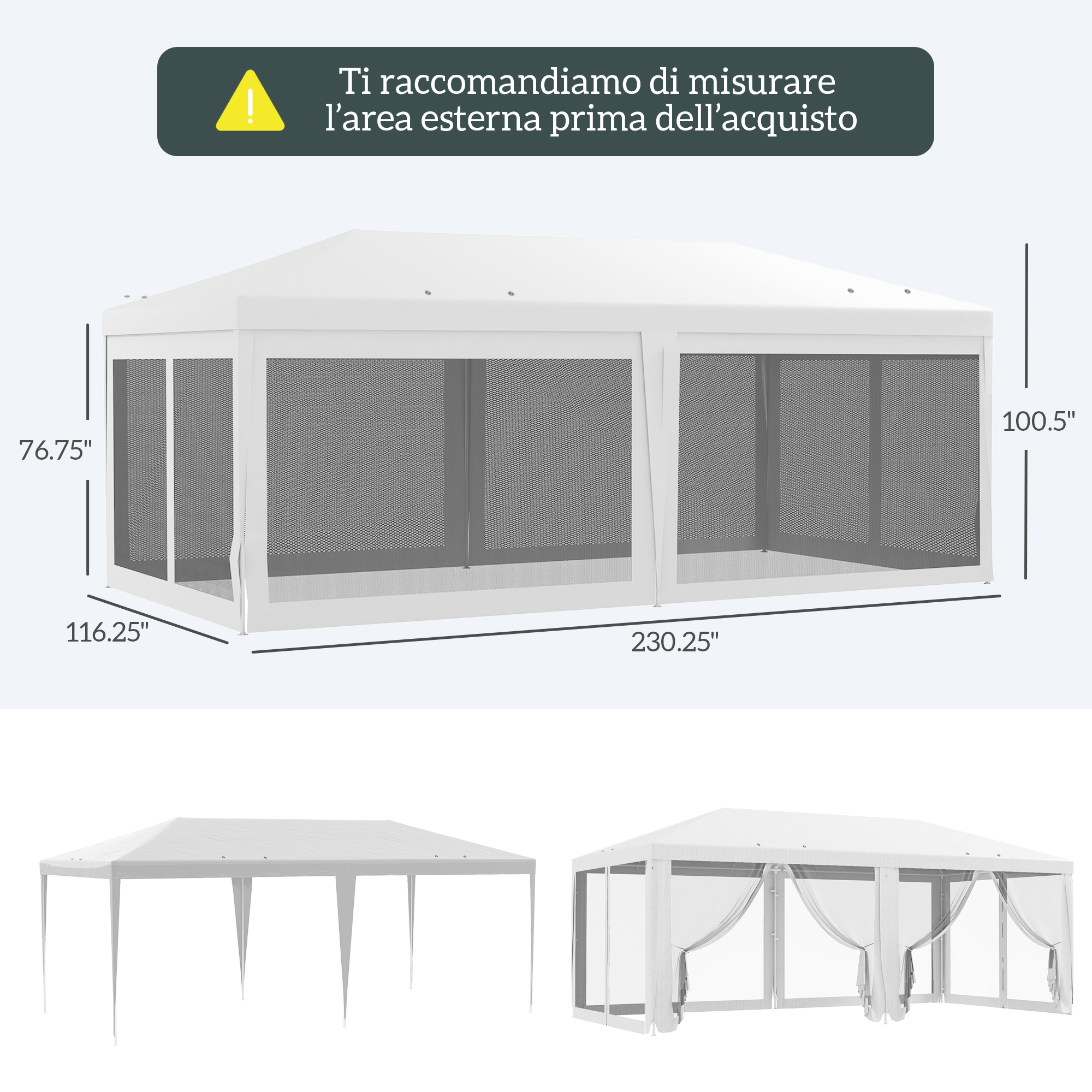 Un gazebo bianco con dimensioni e zanzariere.