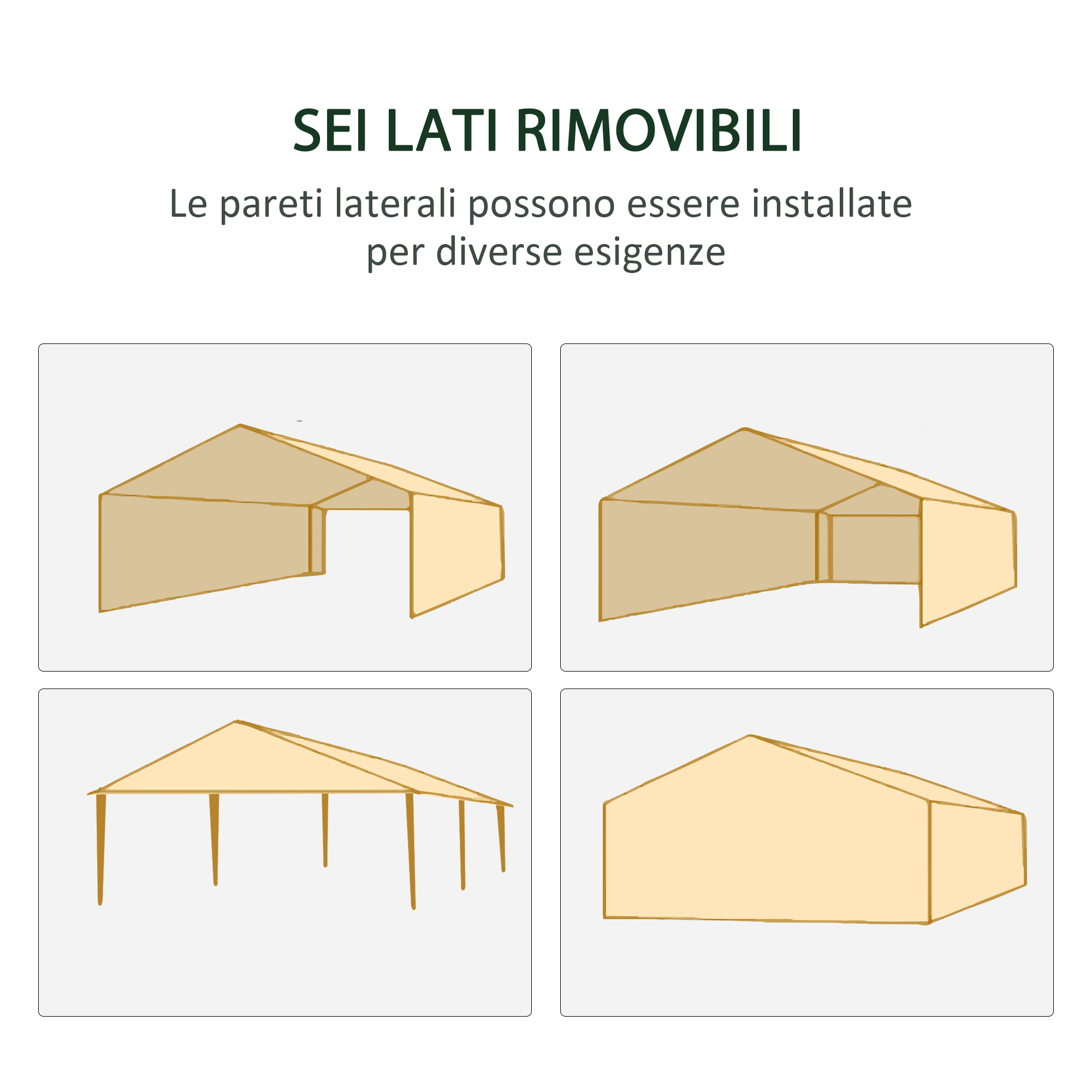 Illustrazioni di tende con varie configurazioni laterali.