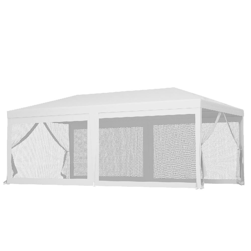 Una tenda gazebo bianca con pareti zanzariera e tetto bianco.