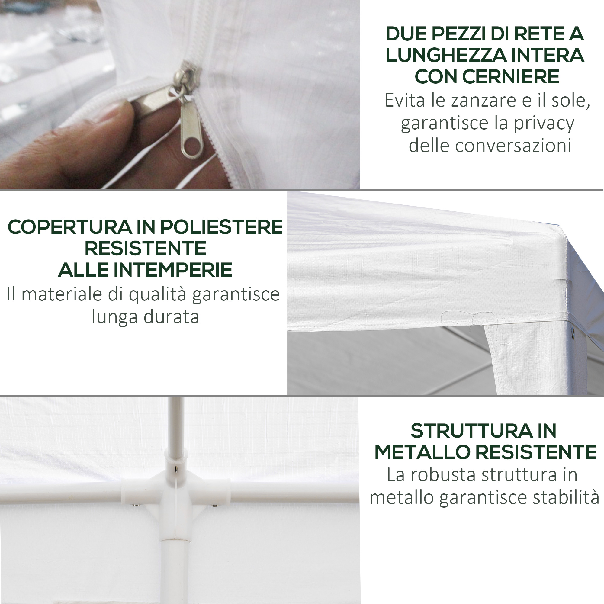 Copertura tenda in poliestere, telaio in metallo, cerniera e rete.