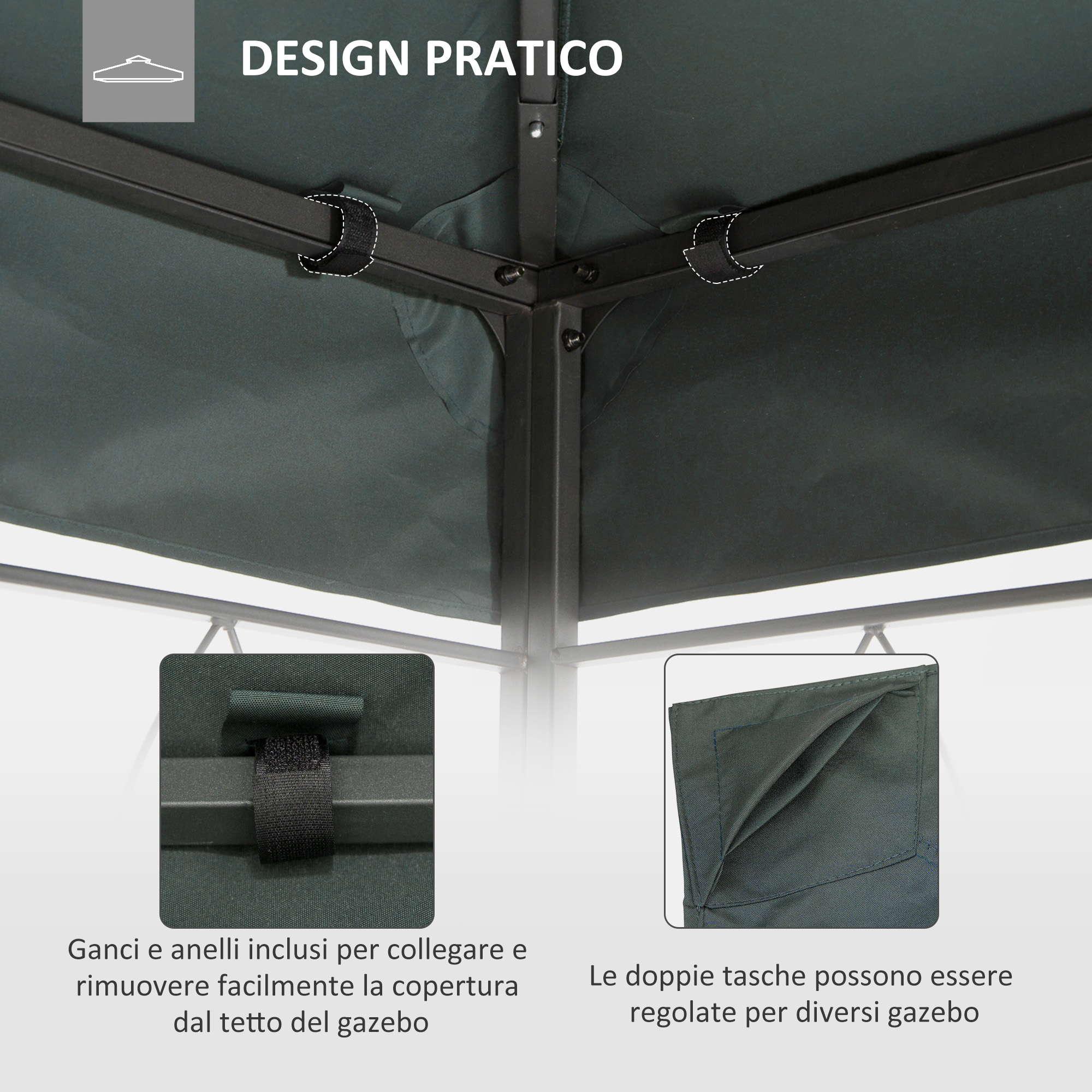 Struttura tetto gazebo con telaio in metallo e copertura in tessuto. Dettagli mostrano ganci e tasche.