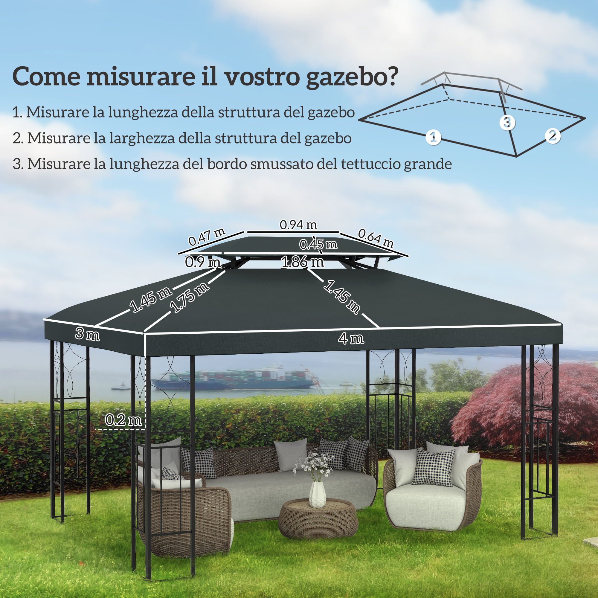 Un gazebo scuro con misure, mobili e vista su un lago con navi.