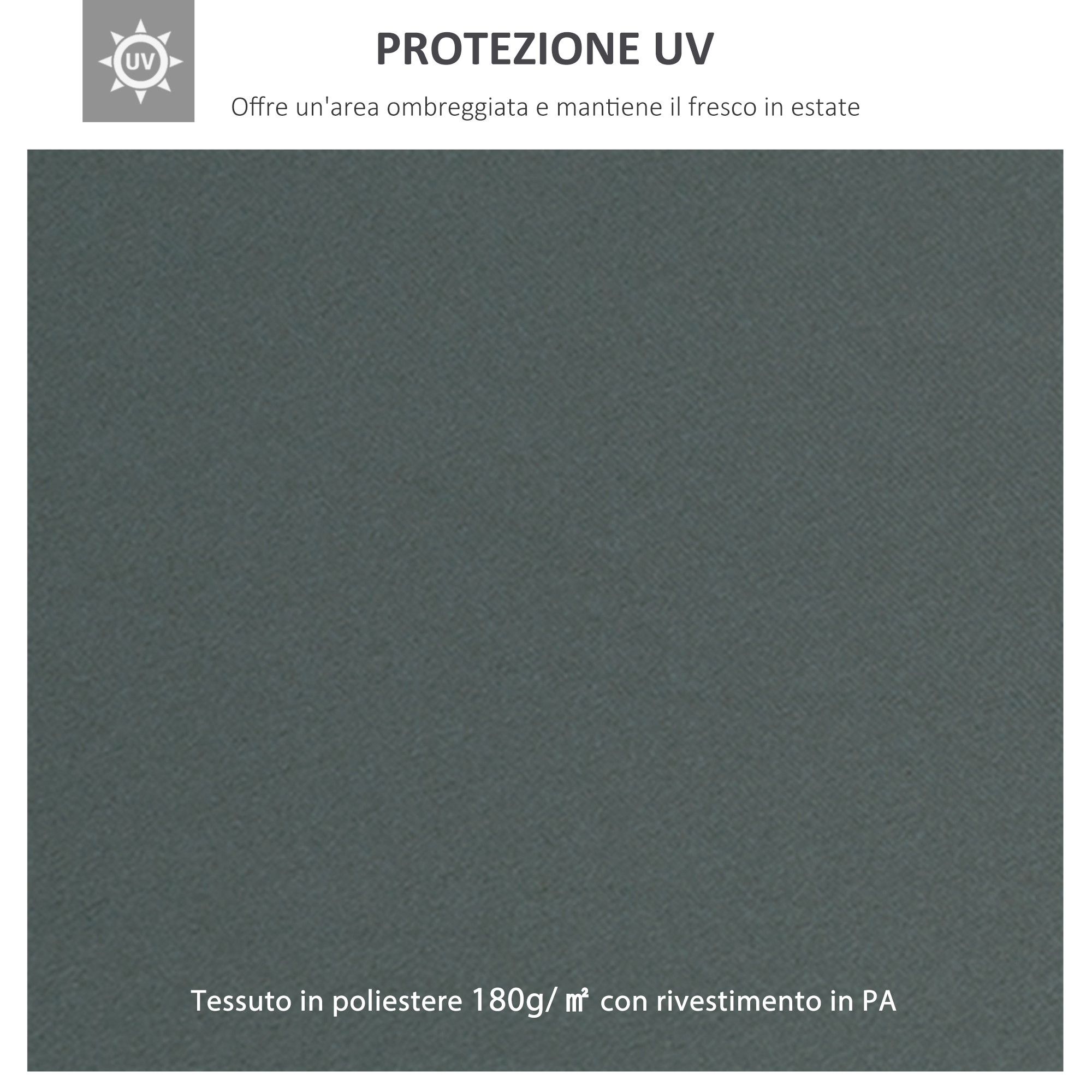 Tessuto grigio con simbolo protezione UV e testo. Poliestere 180g/m².