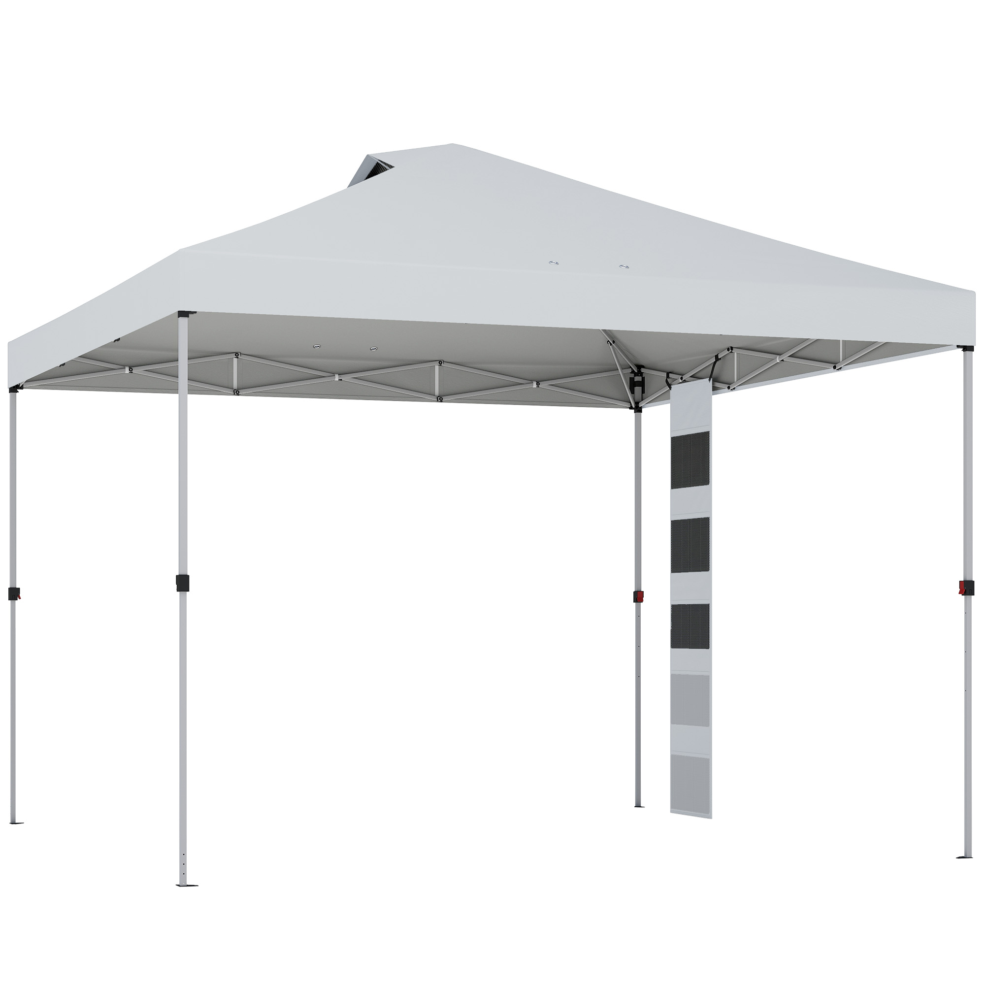 Una tenda pop-up bianca con telaio in metallo e quattro gambe, un pannello a righe pende da una gamba.